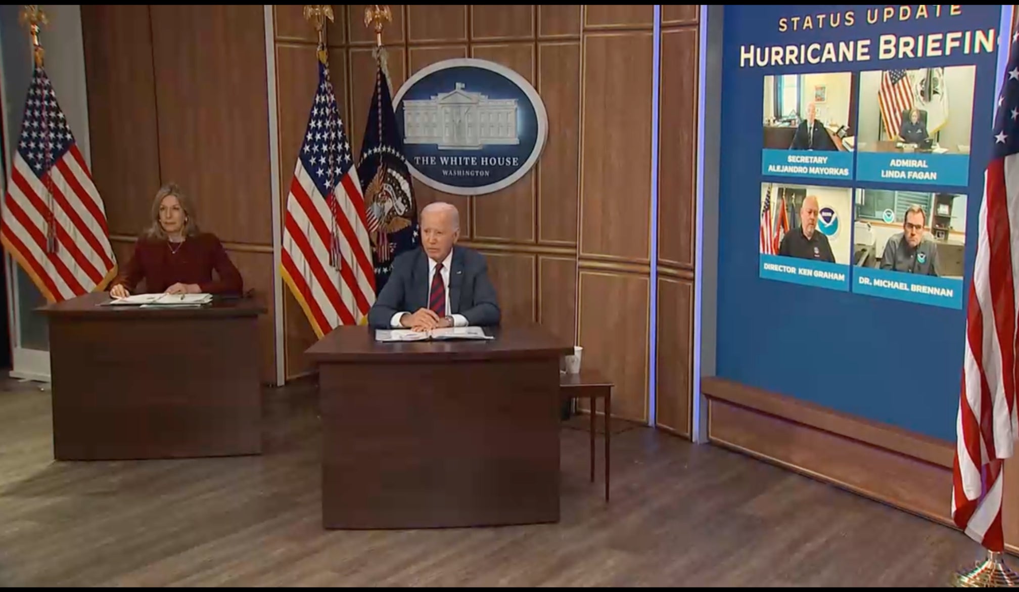 President Biden listens during a briefing on hurricane relief efforts at the White House on October 9