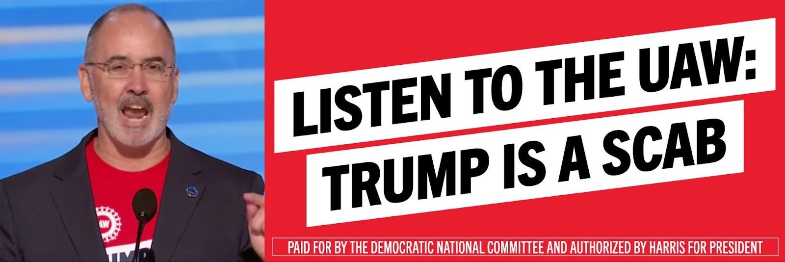 This DNC billboard features United Auto Workers president Shawn Fain