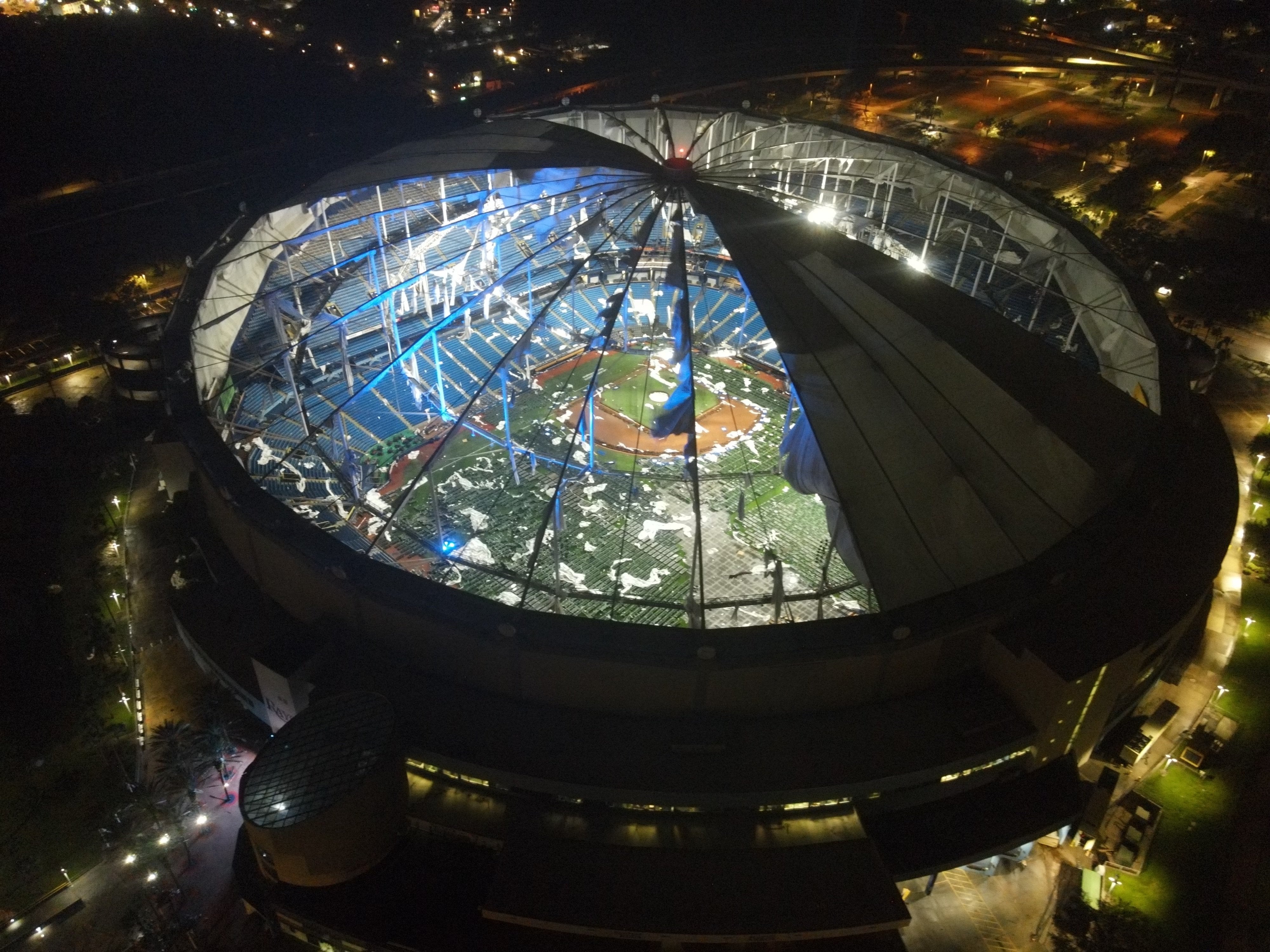 Dramatic images show damage to the stadium’s roof after Hurricane Milton struck