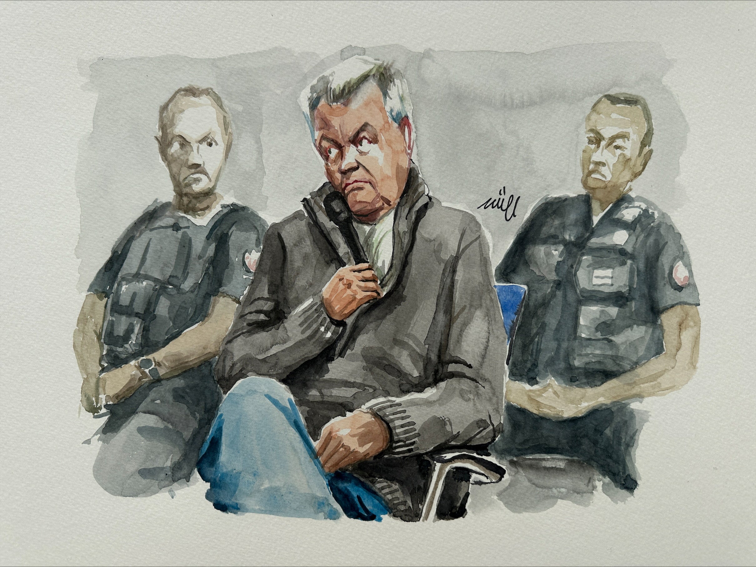 A courtroom sketch of Dominique Pelicot
