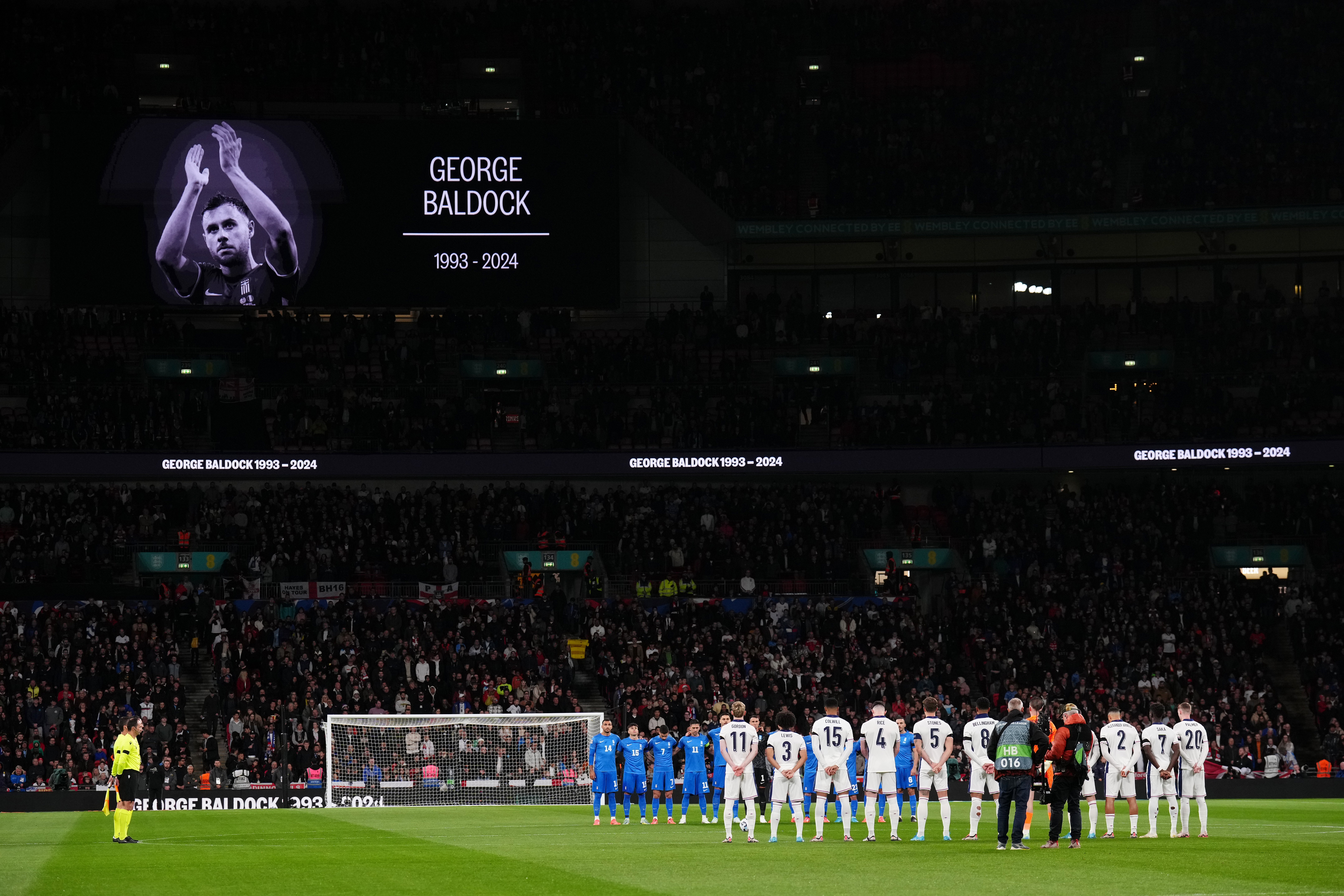 Players from both teams paid their respects in memory of George Baldock ahead of the Nations League match between England and Greece at Wembley (John Walton/PA)