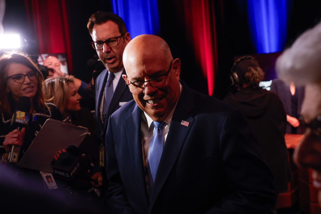 Larry Hogan, the state’s former governor, is buoyed in the deep-blue state of Maryland by Democratic and independent fans of his popular two terms in office.