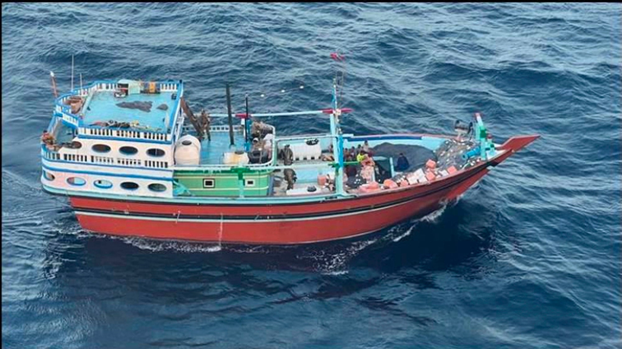 This image released by U.S. Central Command shows what it is described as the vessel in the Arabian Sea that carried Iranian-made missile components bound for Yemen's Houthi