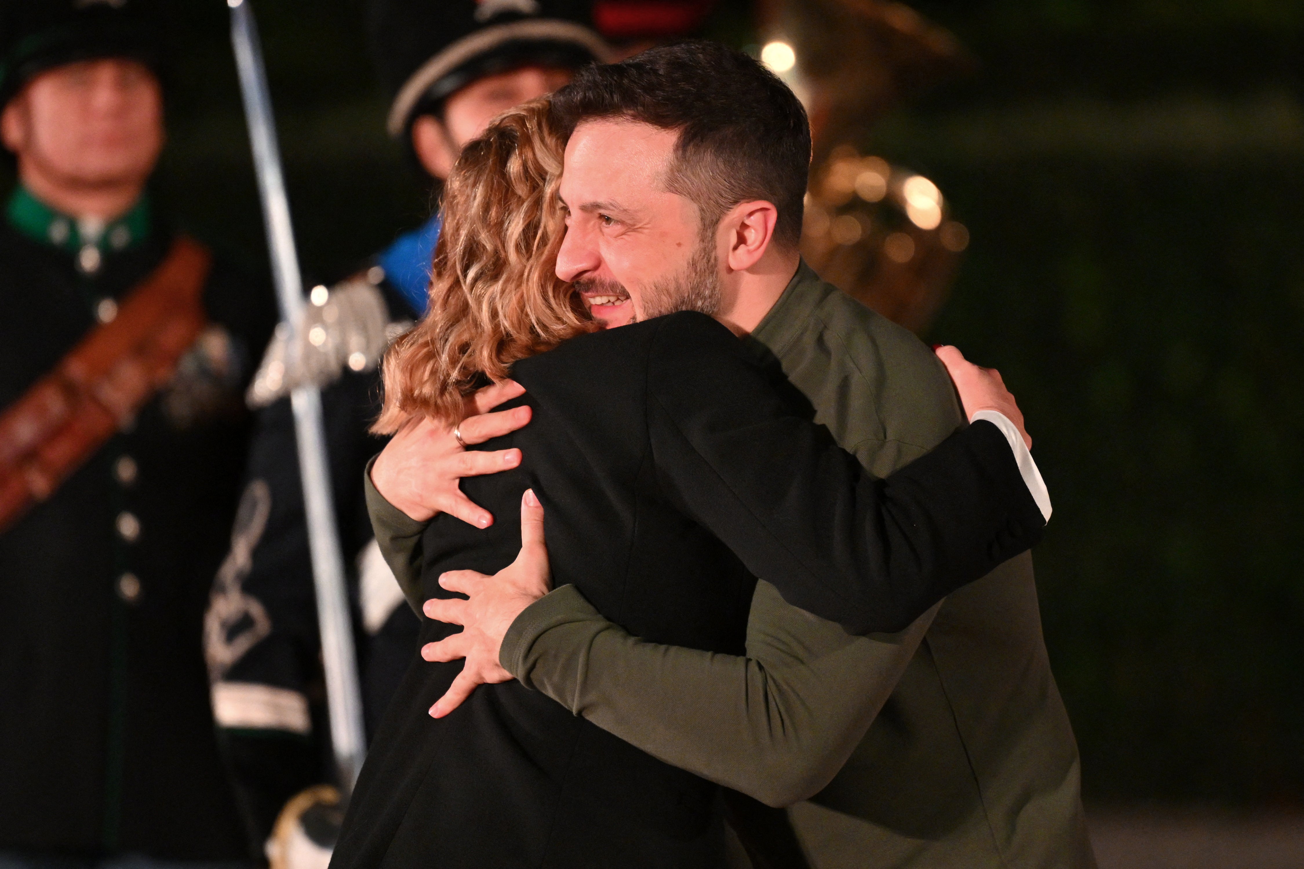 Meloni and Zelensky exchange a hug after their meeting at Villa Doria Pamphilj in Rome