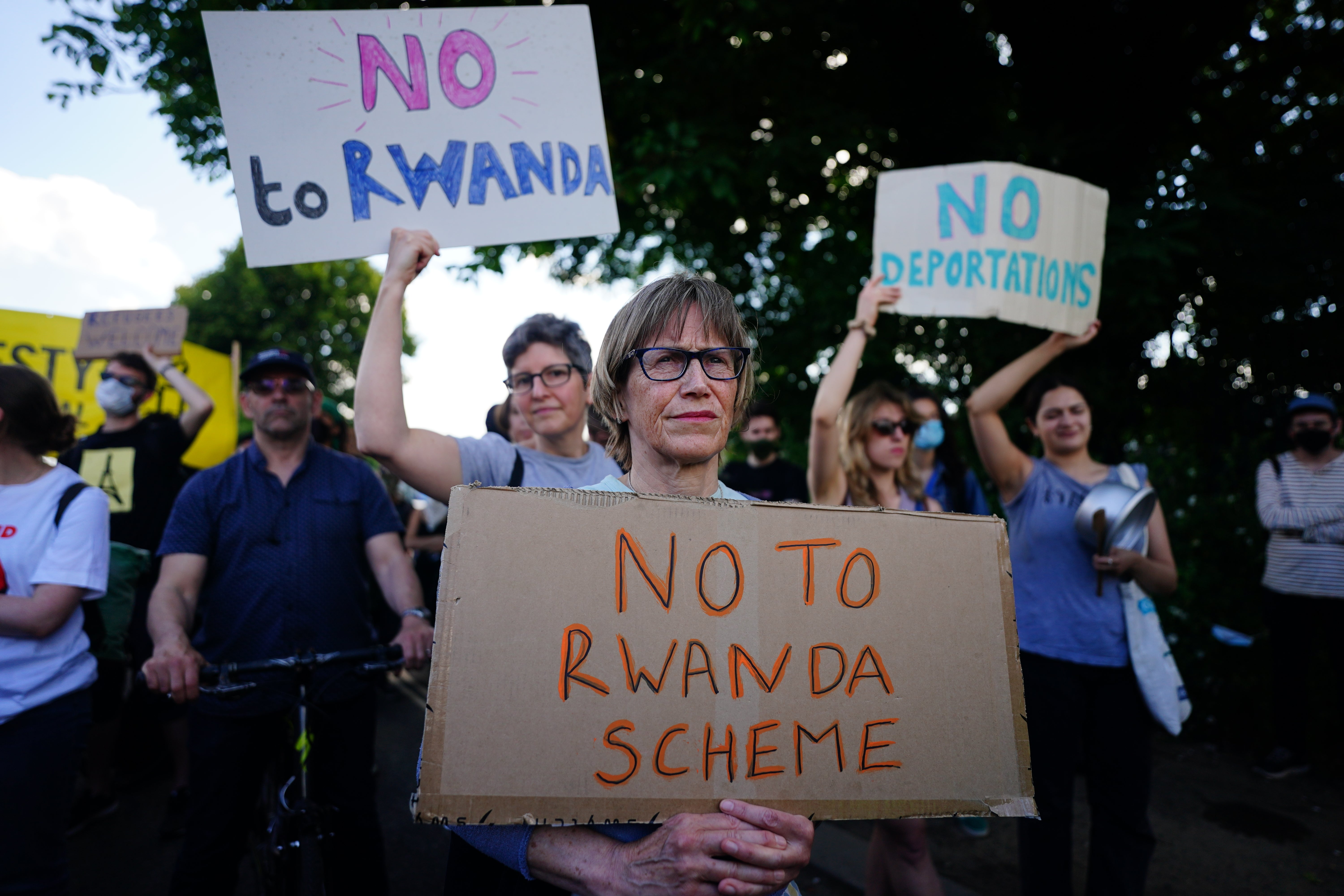 Demonstrators at a removal centre at Gatwick protest against plans to send migrants to Rwanda two years ago