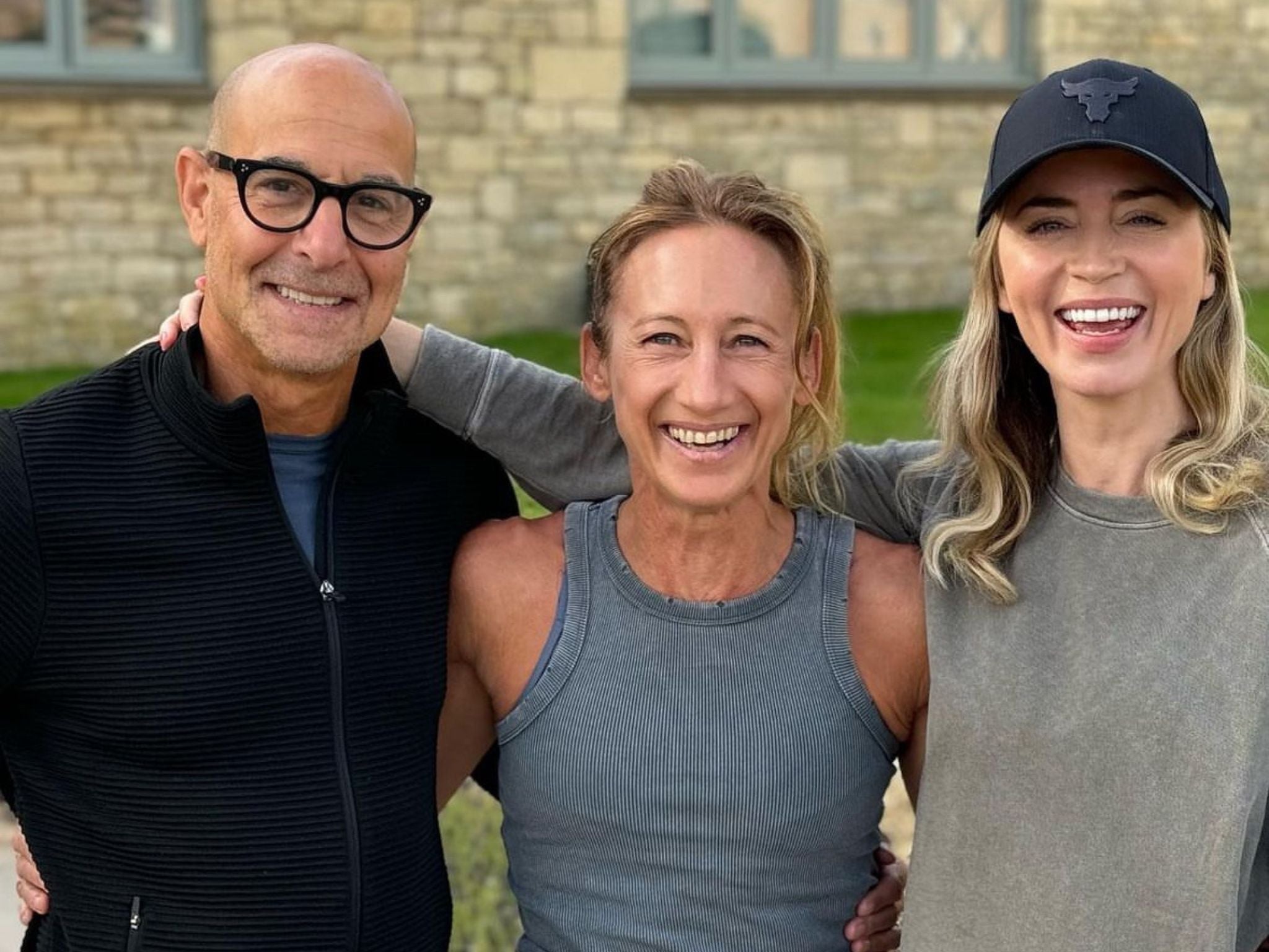 Celebrity trainer Monique Eastwood with clients Stanley Tucci and Emily Blunt