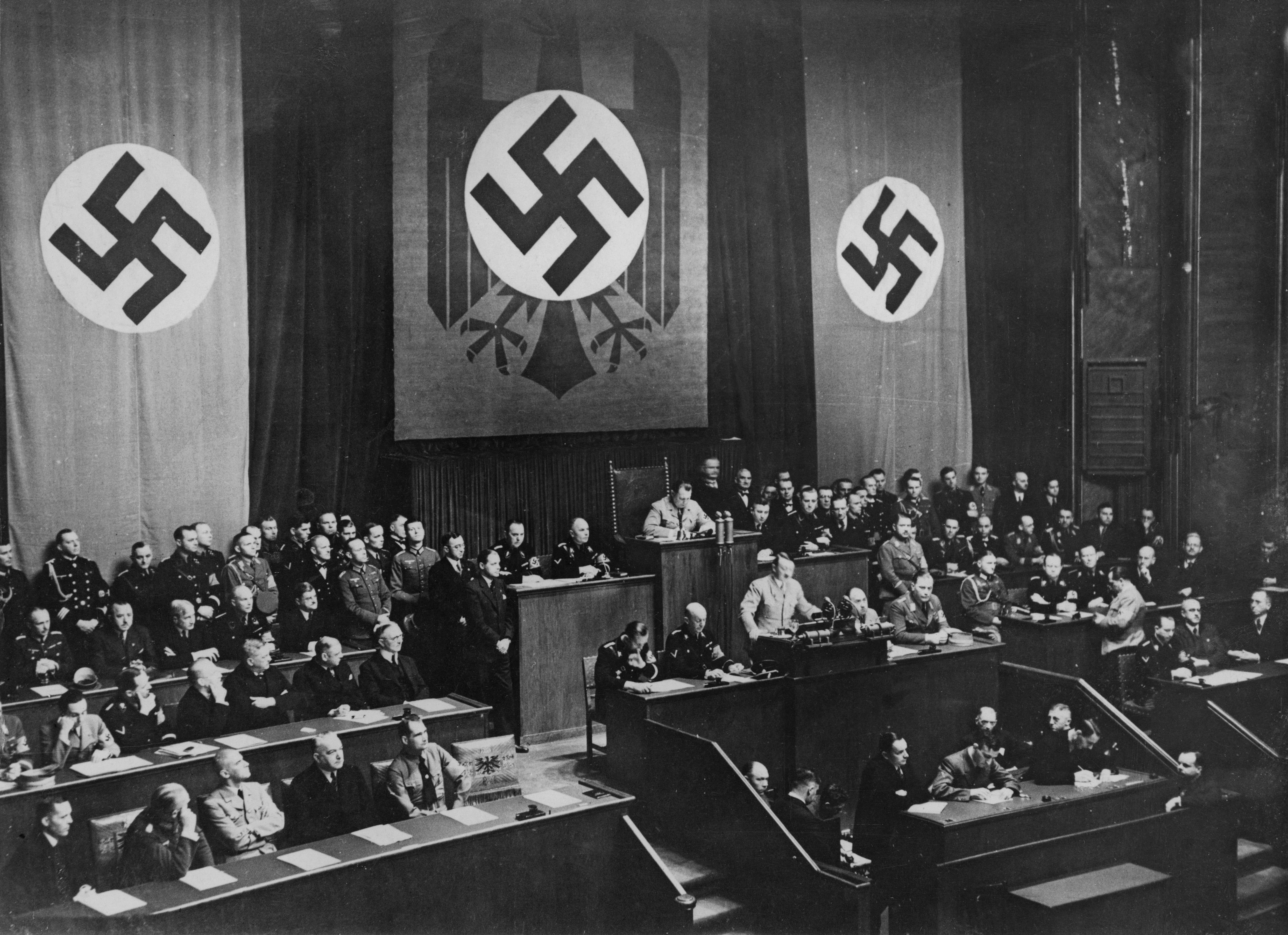 Hitler speaks at the Reichstag in Berlin, Germany, in 1936