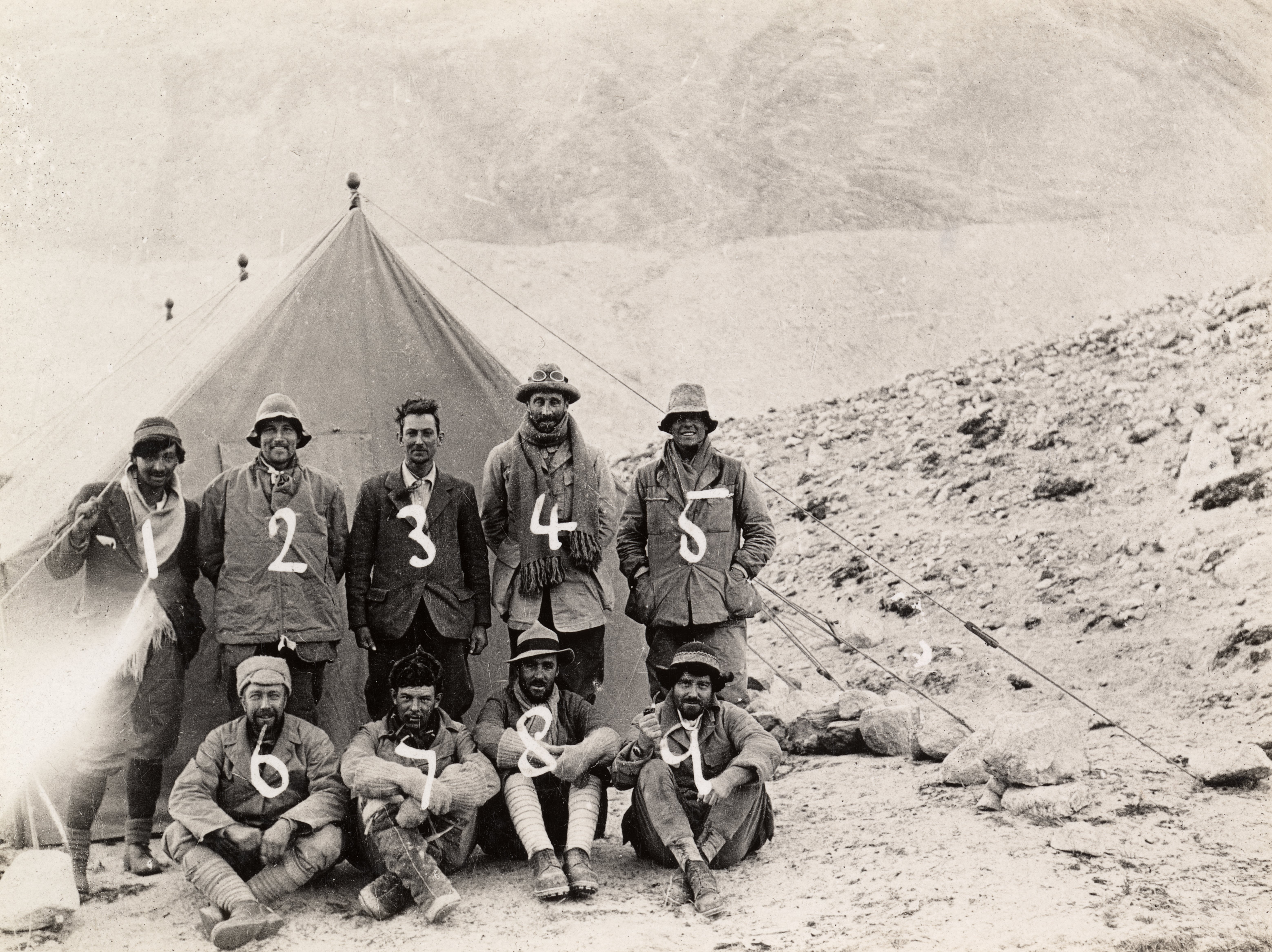 Back row: John MacDonald, Noel Odell, George Mallory, Edward Norton and Andrew Irvine. Front row (left to right): Bentley Beetham, Howard Somervell, Geoffrey Bruce and Edward Shebbeare. Mount Everest Expedition 1924. (Photo by J.B. Noel/Royal Geographical Society via Getty Images)