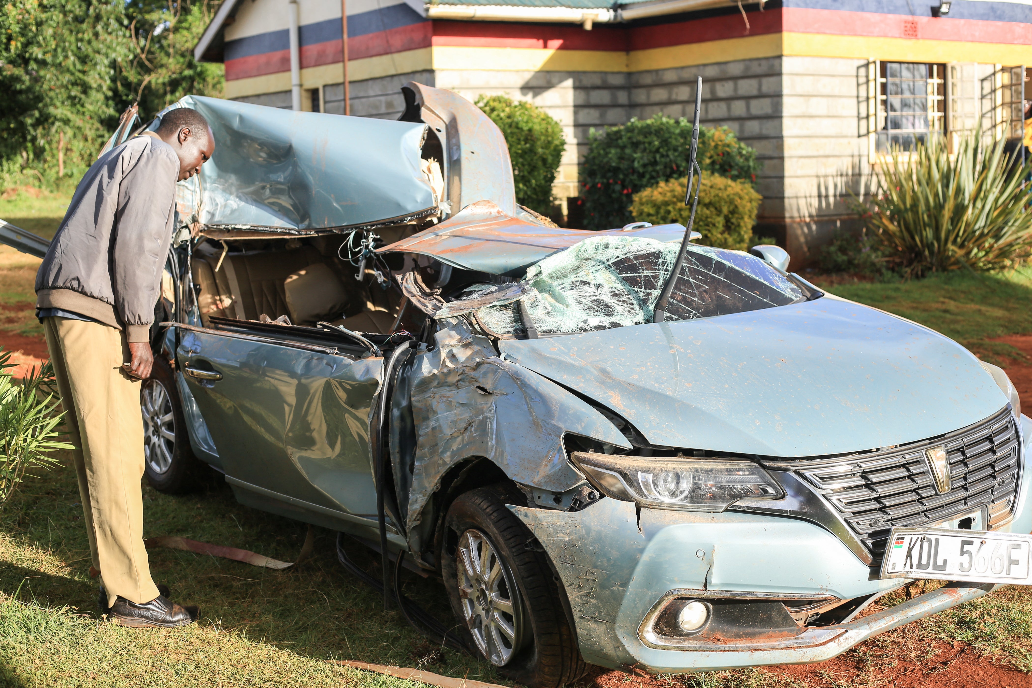 The wreckage of the car which took the lives of marathon world record-holder Kelvin Kiptum and his Rwandan coach, Gervais Hakizimana, in February this year