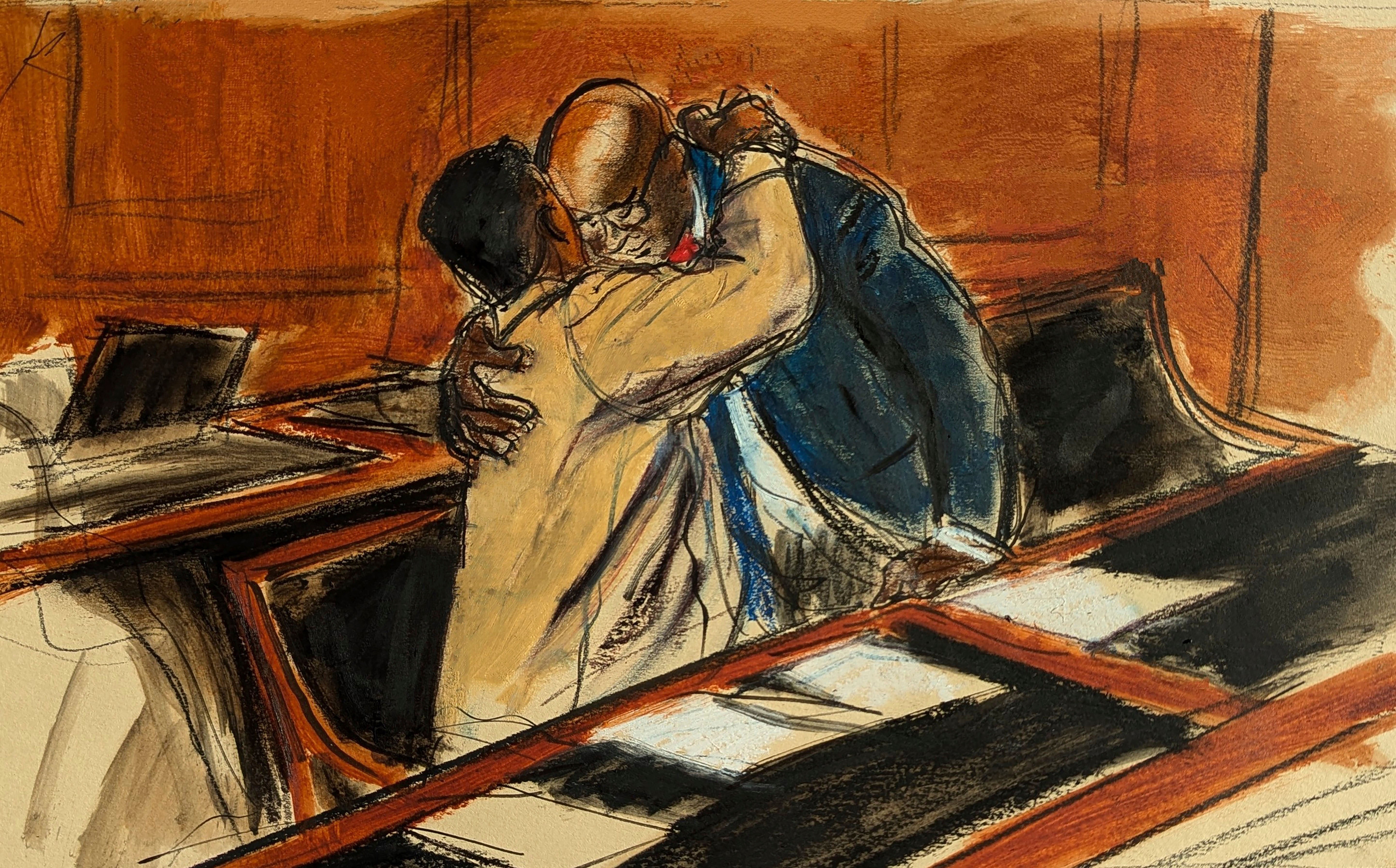 In this courtroom sketch, Sean "Diddy" Combs, left, upon entering the courtroom hugs his attorney Anthony Ricco prior to the hearing in Federal court in New York, Thursday, 10 Oct 2024