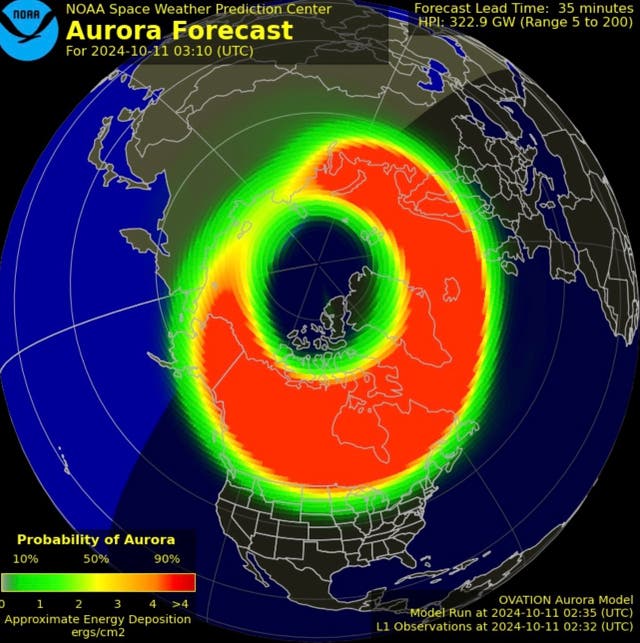 <p>A NOAA Space Weather Prediction Center map shows the placement of the aurora borealis </p>