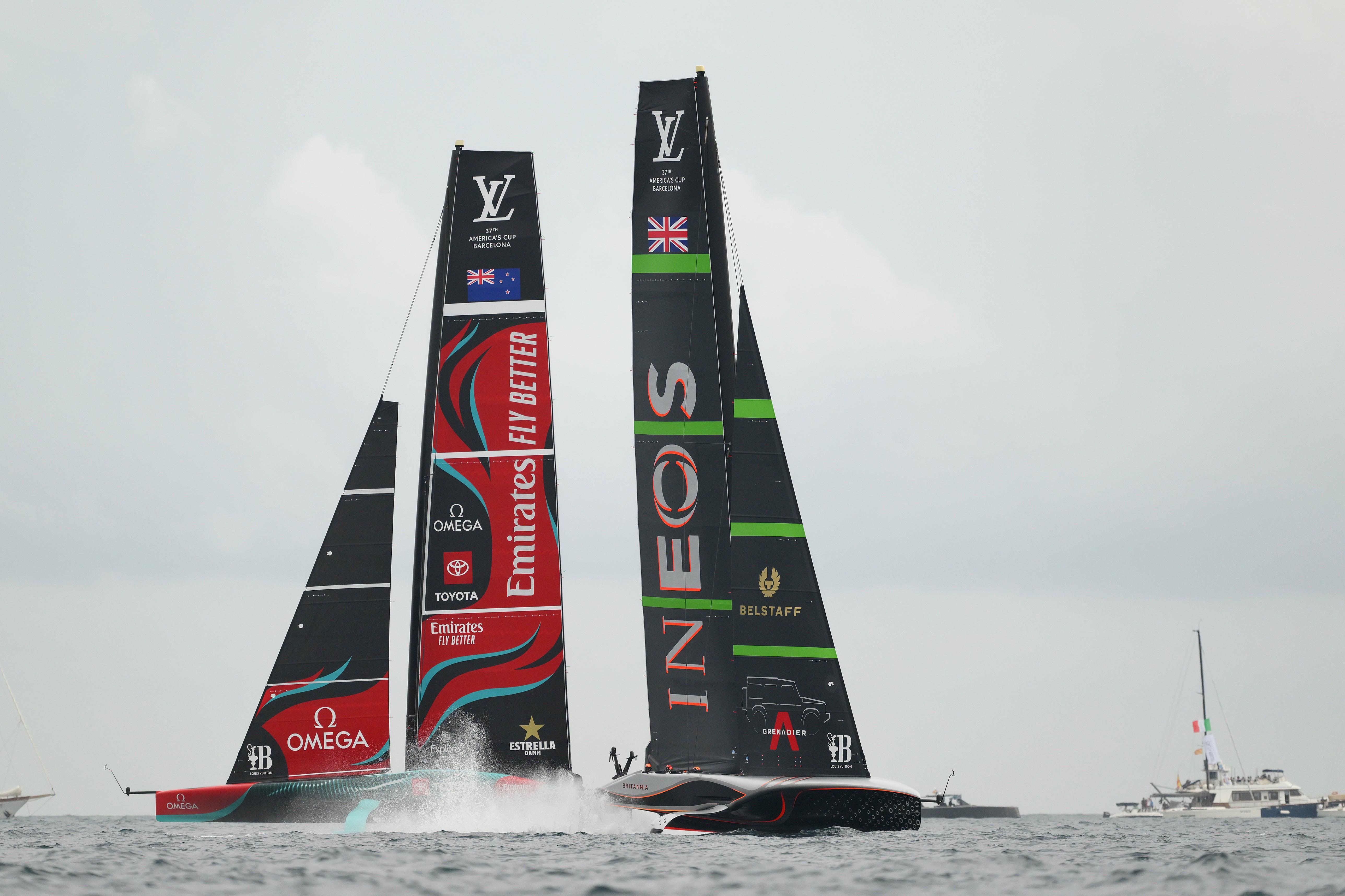 Crews of both teams prepare to start race 2 during the 37th America's Cup race