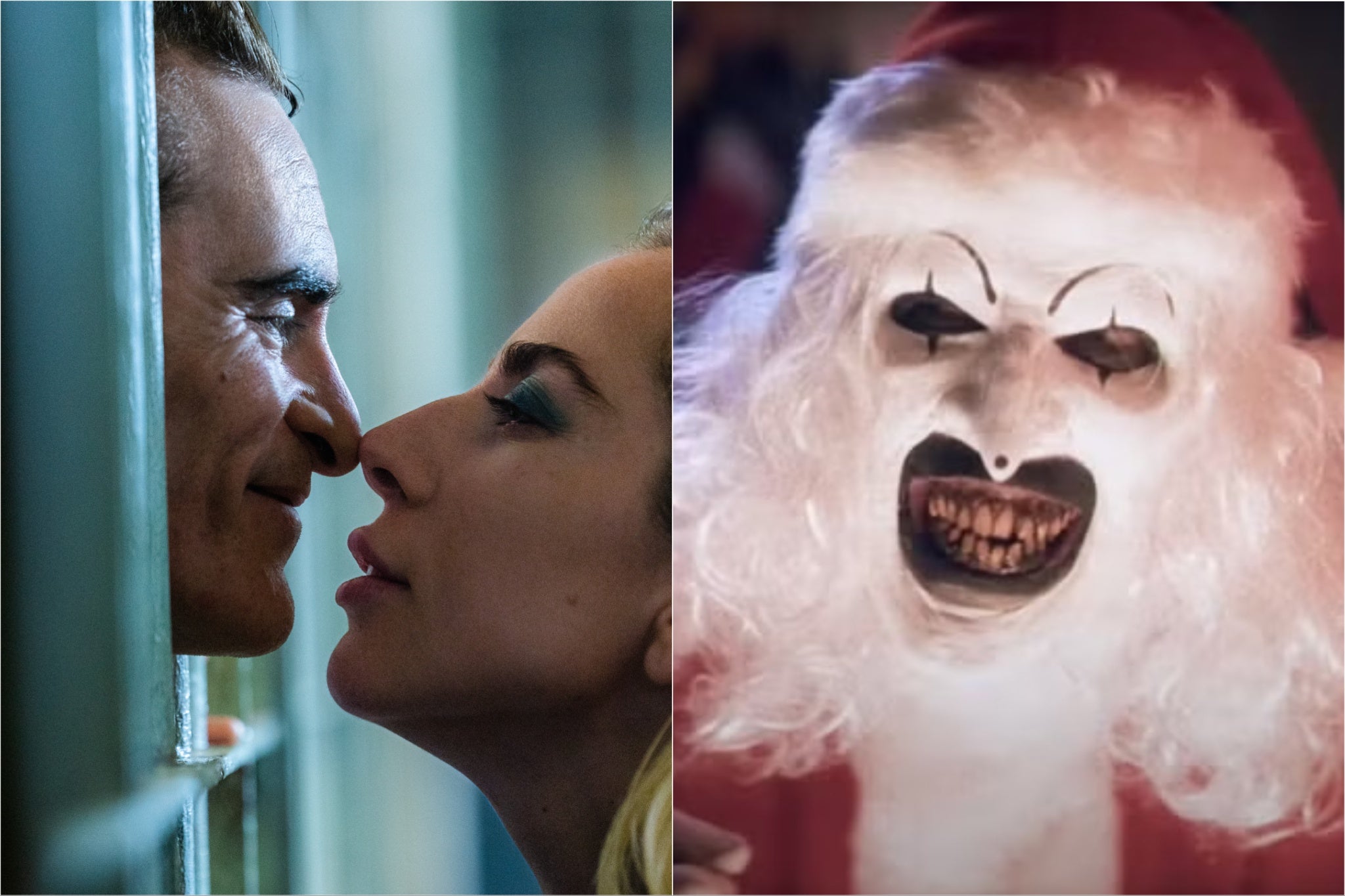 Joaquin Phoenix and Lady Gaga in ‘Joker: Folie a Deuce’ (left) and David Howard Thornton in ‘Terrifier 3’ (right)