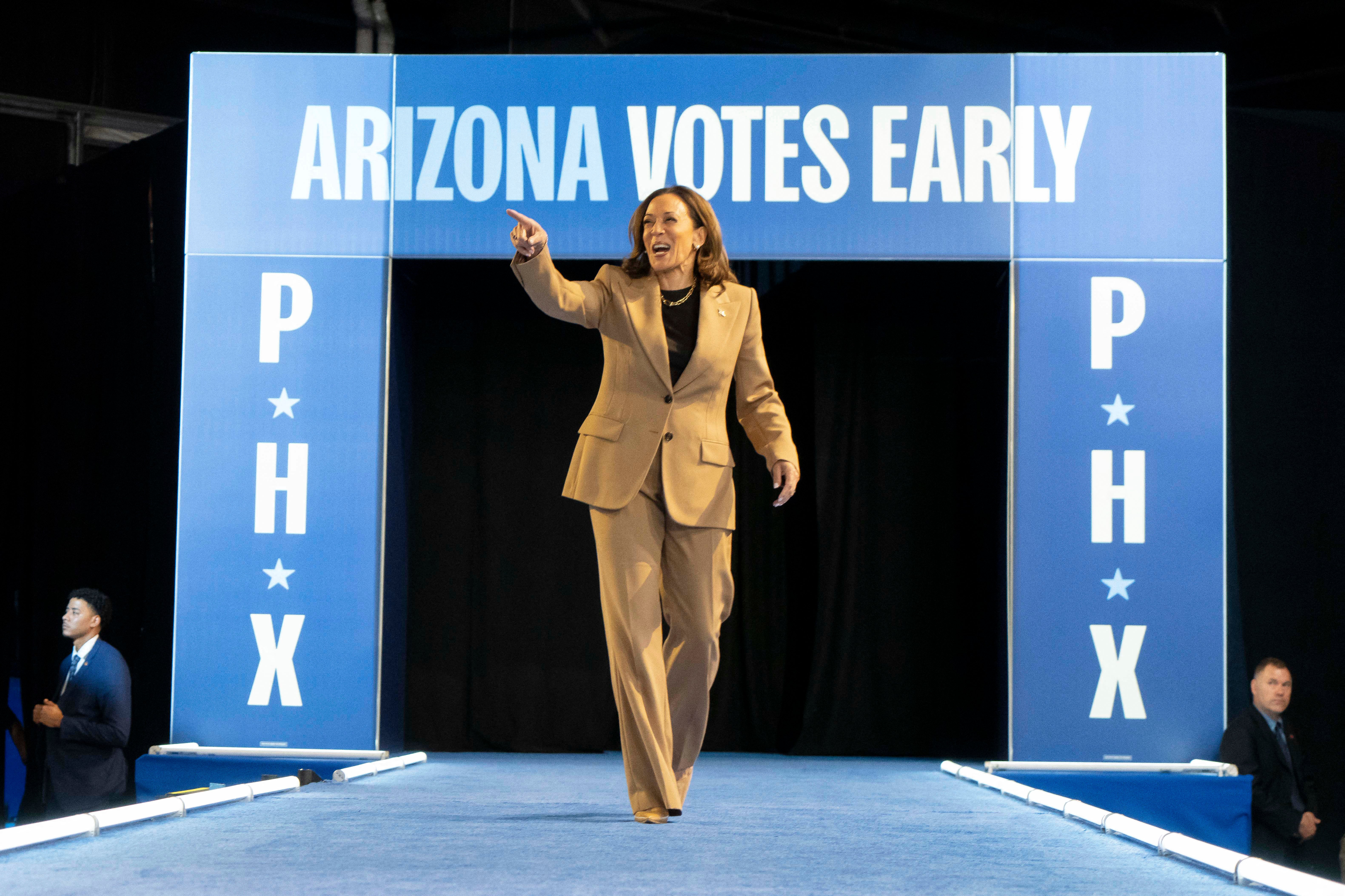 Vice President and Democratic presidential candidate Kamala Harris arrives to speak during a campaign rally in Chandler, Arizona, on October 10 2024. New poll shows Harris has a four-point lead in Pennsylvania