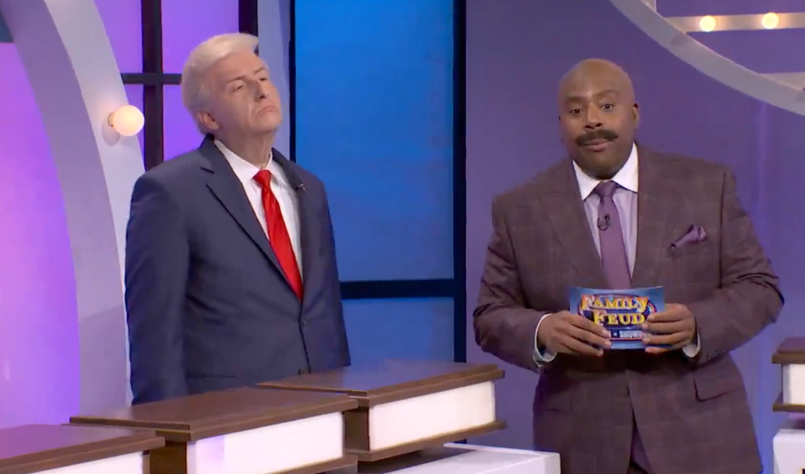 Donald Trump (James Austin Johnson) is put on the spot, without Melania, in Saturday Night Live’s Family Feud cold open spoof