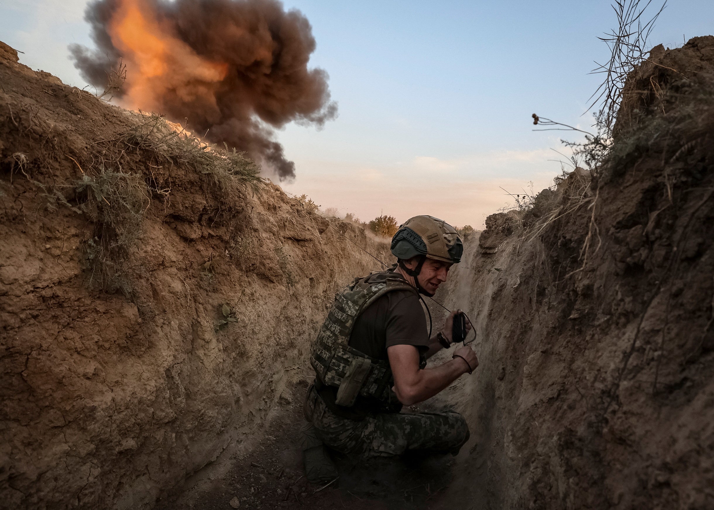 A Ukrainian soldier in a training session near the frontline in Donetsk