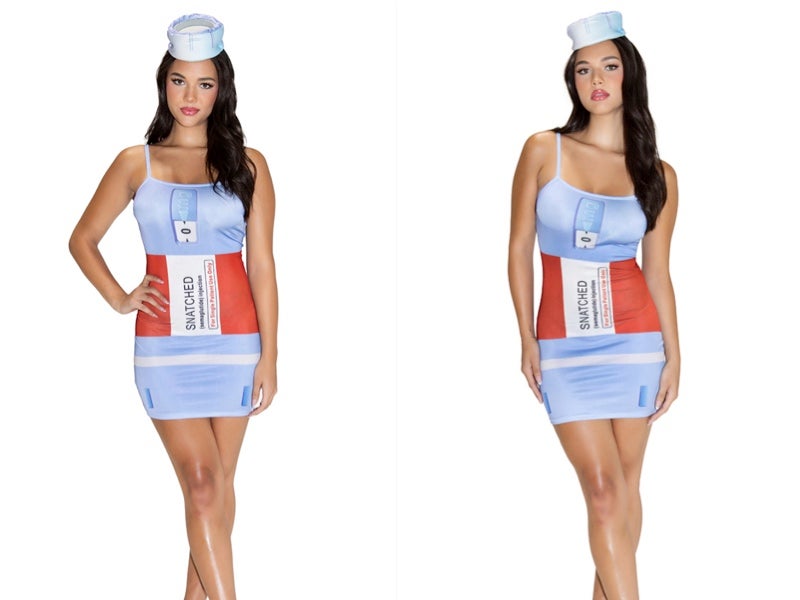 Yandy’s semaglutide injection Halloween costume features mini-dress dress printed with the words, ‘Snatched: Semaglutide Injection’