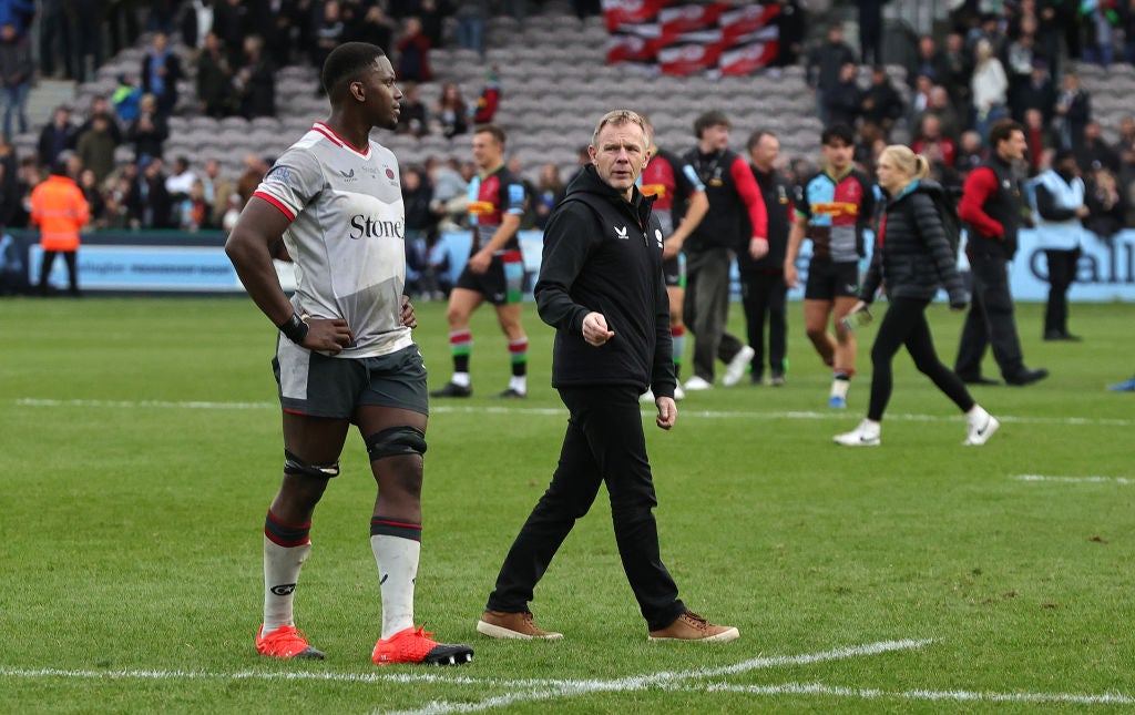 Mark McCall and Maro Itoje react after defeat to Harlequins