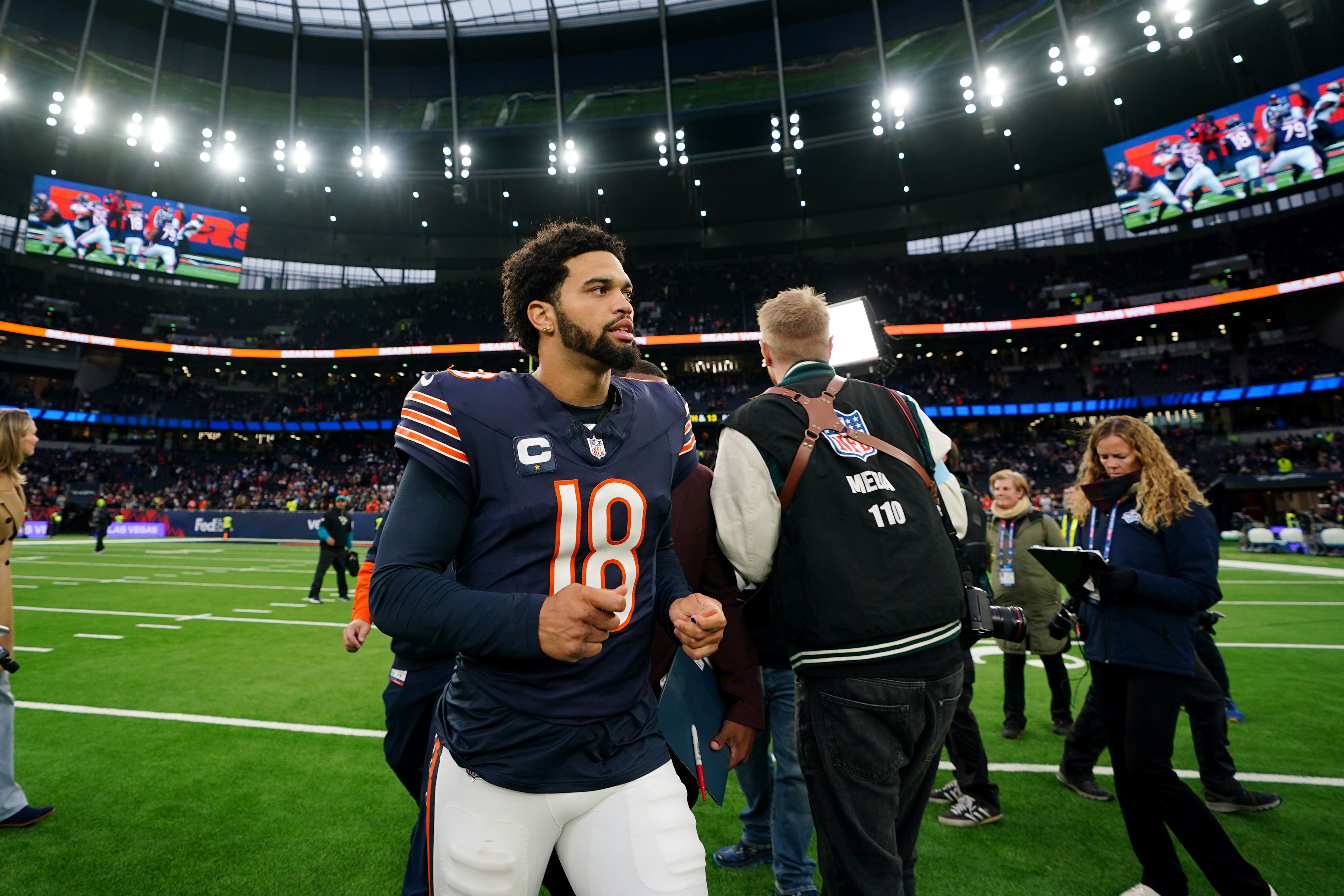 Chicago Bears’ Caleb Williams (centre) celebrate on the pitch after the NFL International match at the Tottenham Hotspur Stadium, London. Picture date: Sunday October 13, 2024.