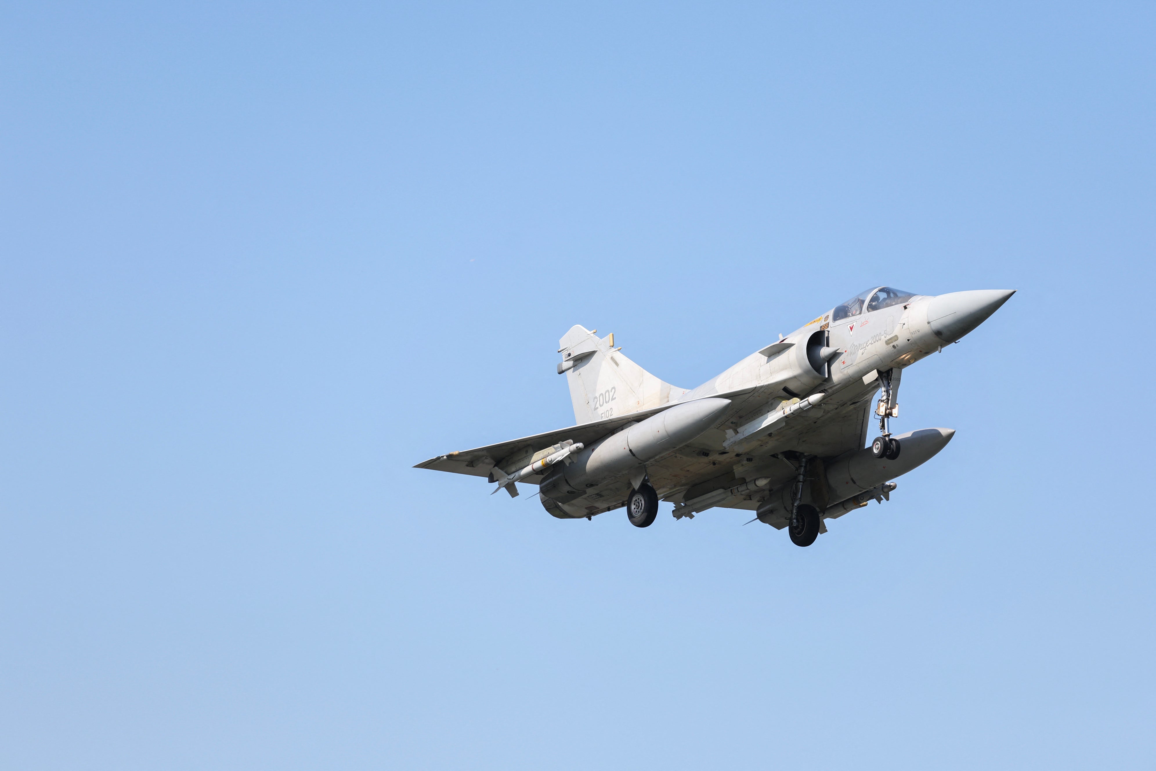 A Taiwanese Air Force jet prepares to land at an air force base in Hsinchu