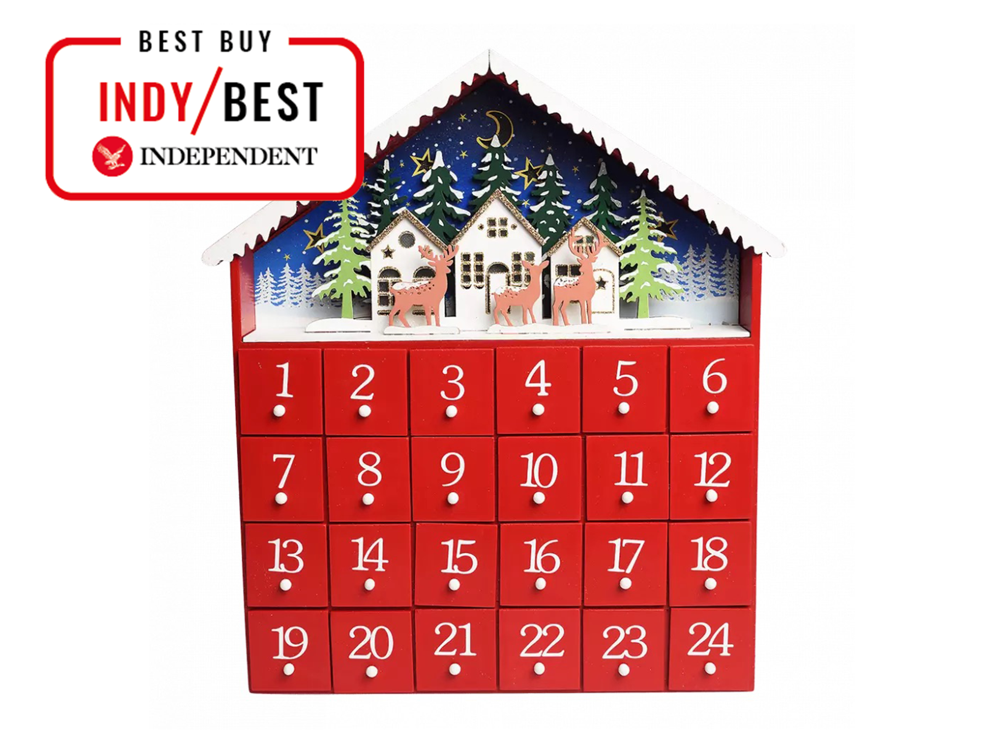 Best reusable advent calendar IndyBest Rex London wooden advent calendar with LED lights, red house