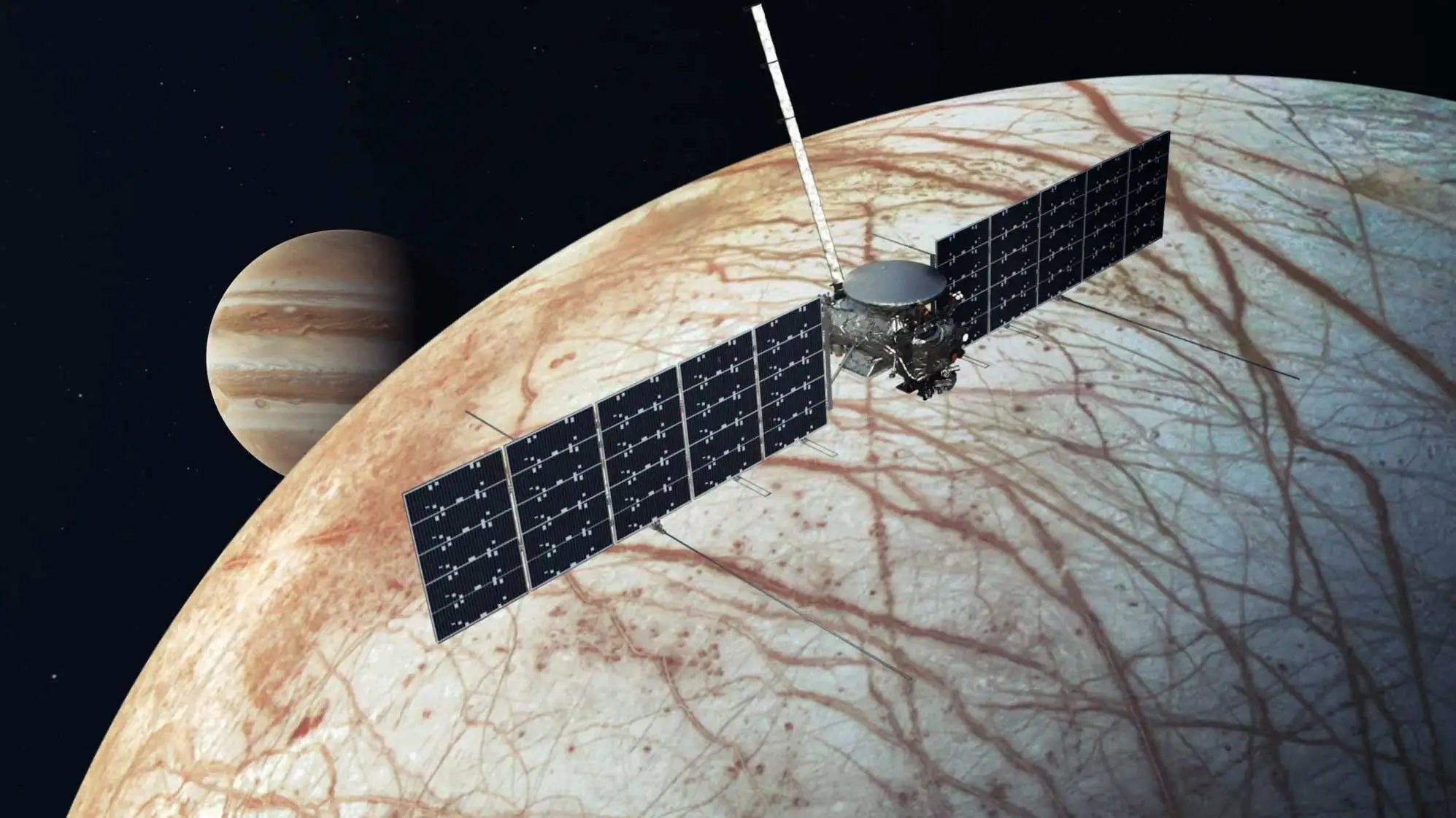 An artist’s concept shows NASA’s Europa Clipper spacecraft on its mission. The mission has been in the works for a quarter of a century.