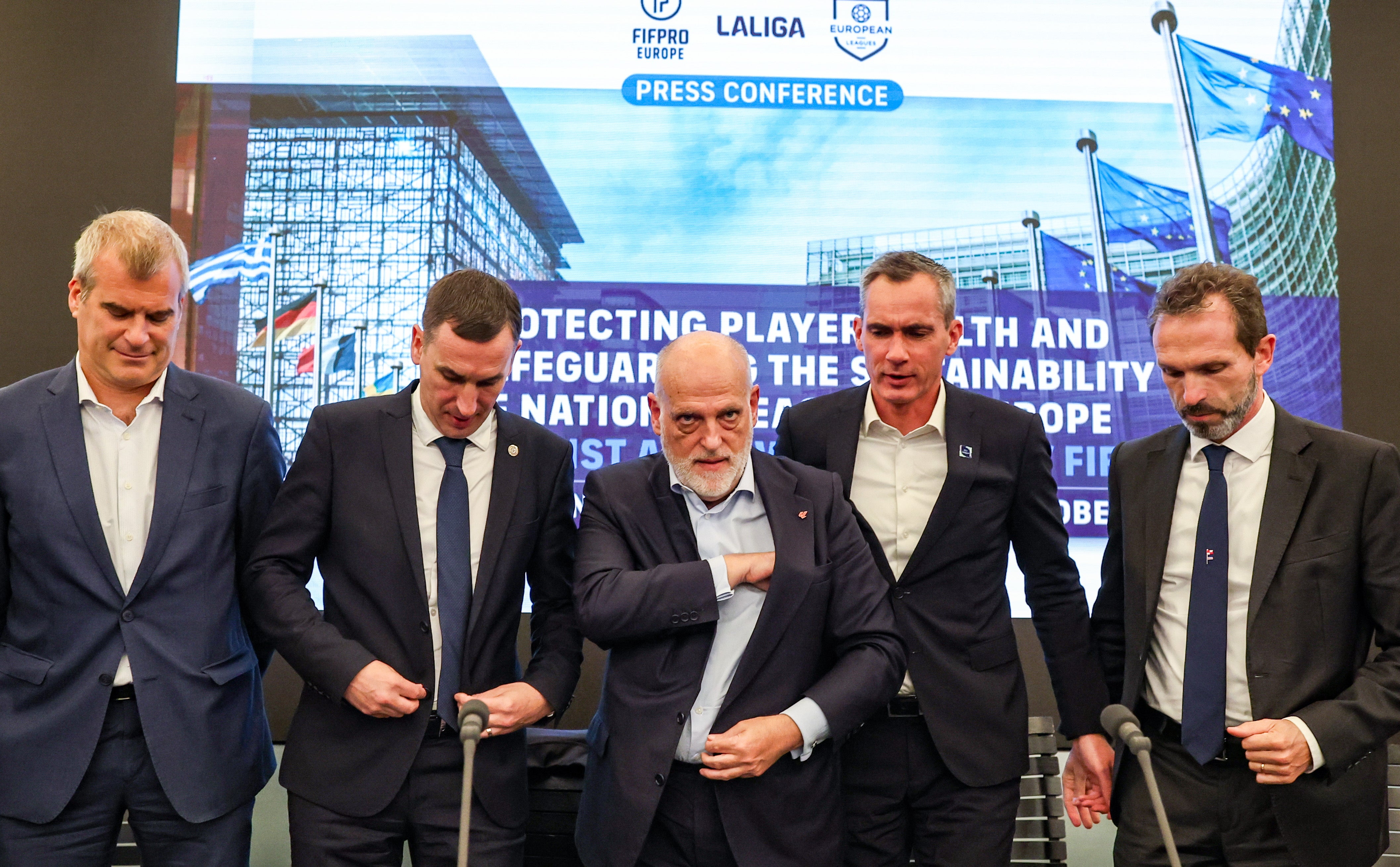 La Liga president Javier Tebas, centre, takes his seat alongside other European officials