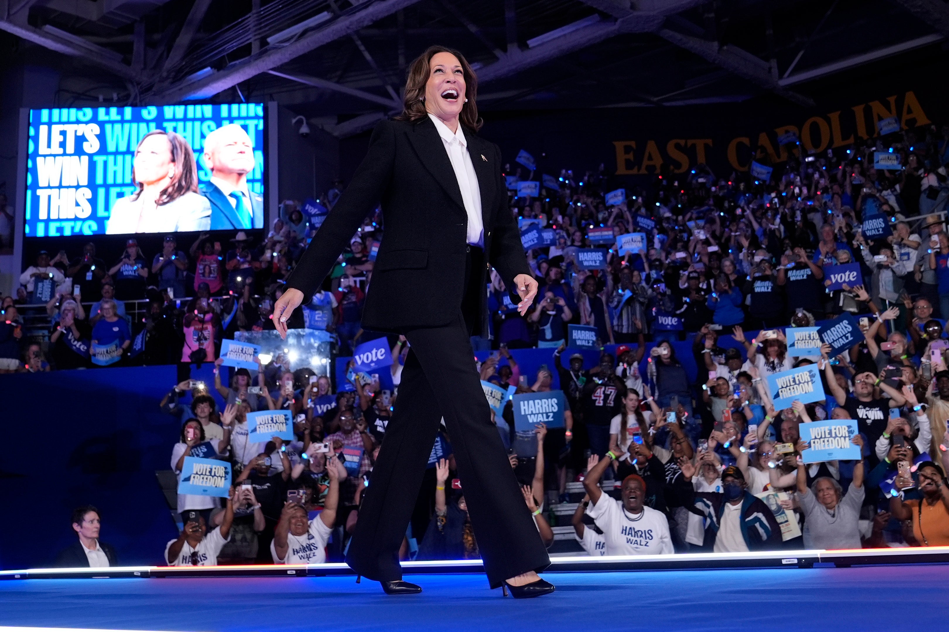 Harris has turned to celebrities and former presidents on the campaign trail to help her regain momentum. She is pictured here at a weekend rally in North Carolina