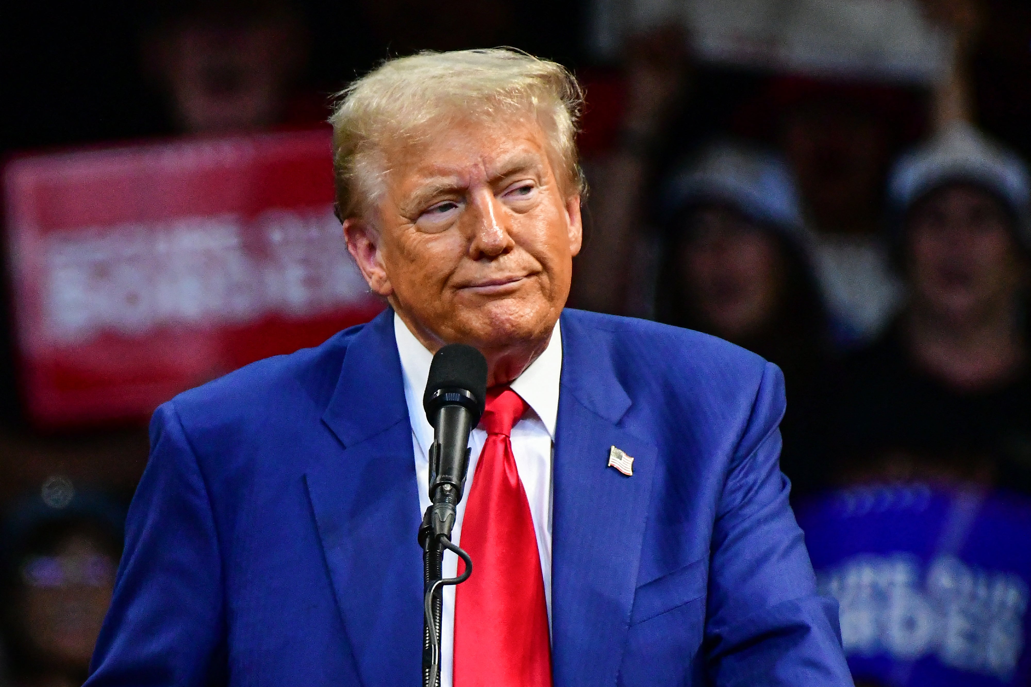 Trump looks on during a campaign rally at Findlay Toyota Arena in Prescott Valley, Arizona, on October 13