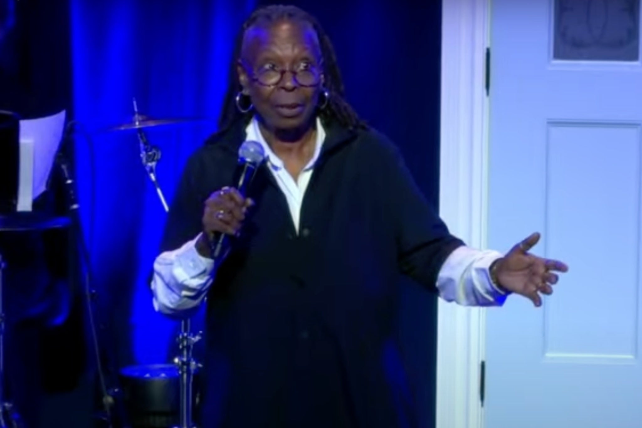 Whoopi Goldberg on stage at The Town Hall in New York City during ‘Broadway Rallies for Kamala’