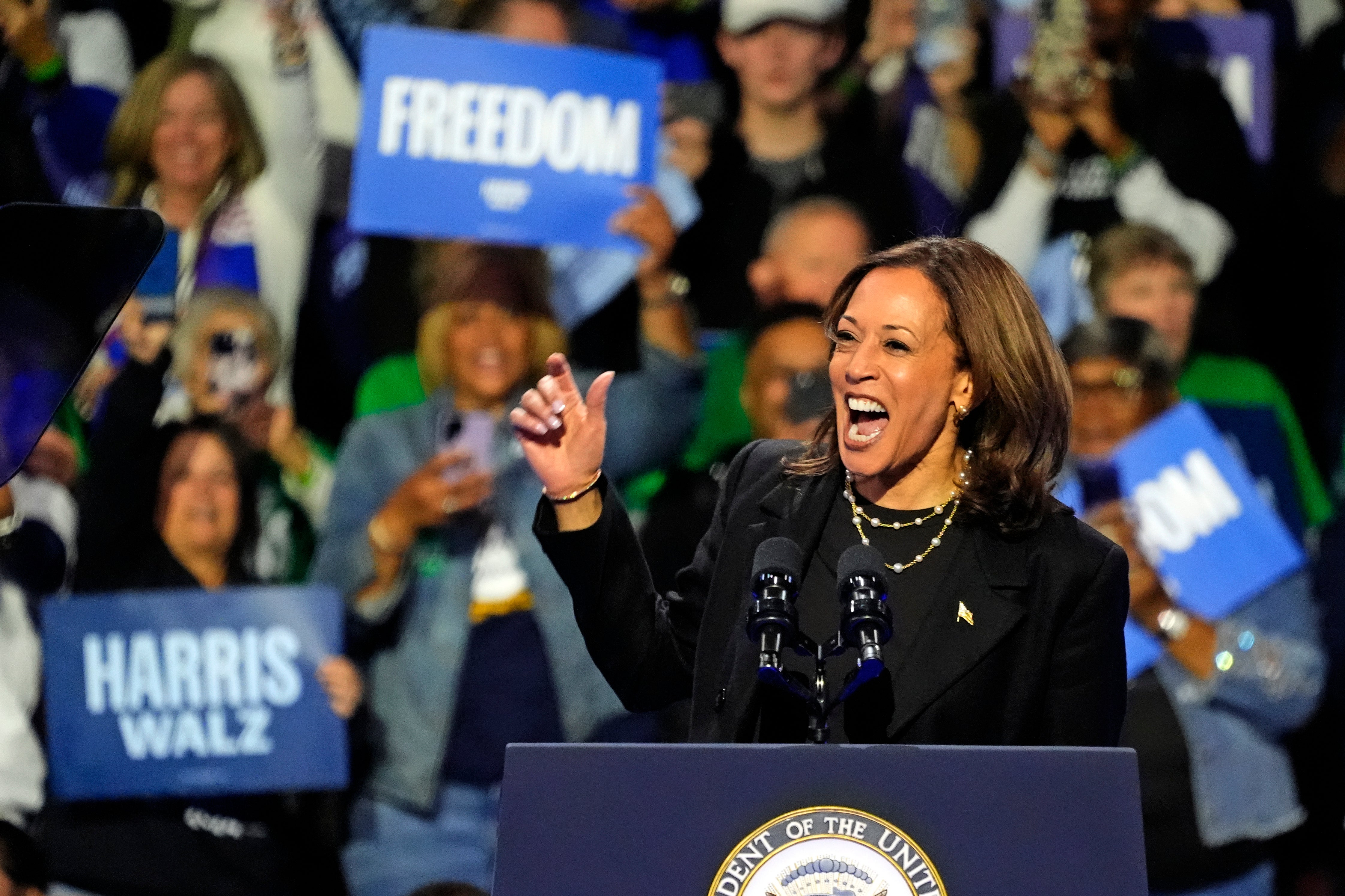 Kamala Harris speaks to a crowd in Erie, Pennsylvania, on October 14. She took aim at rival Donald Trump calling him “unhinged”