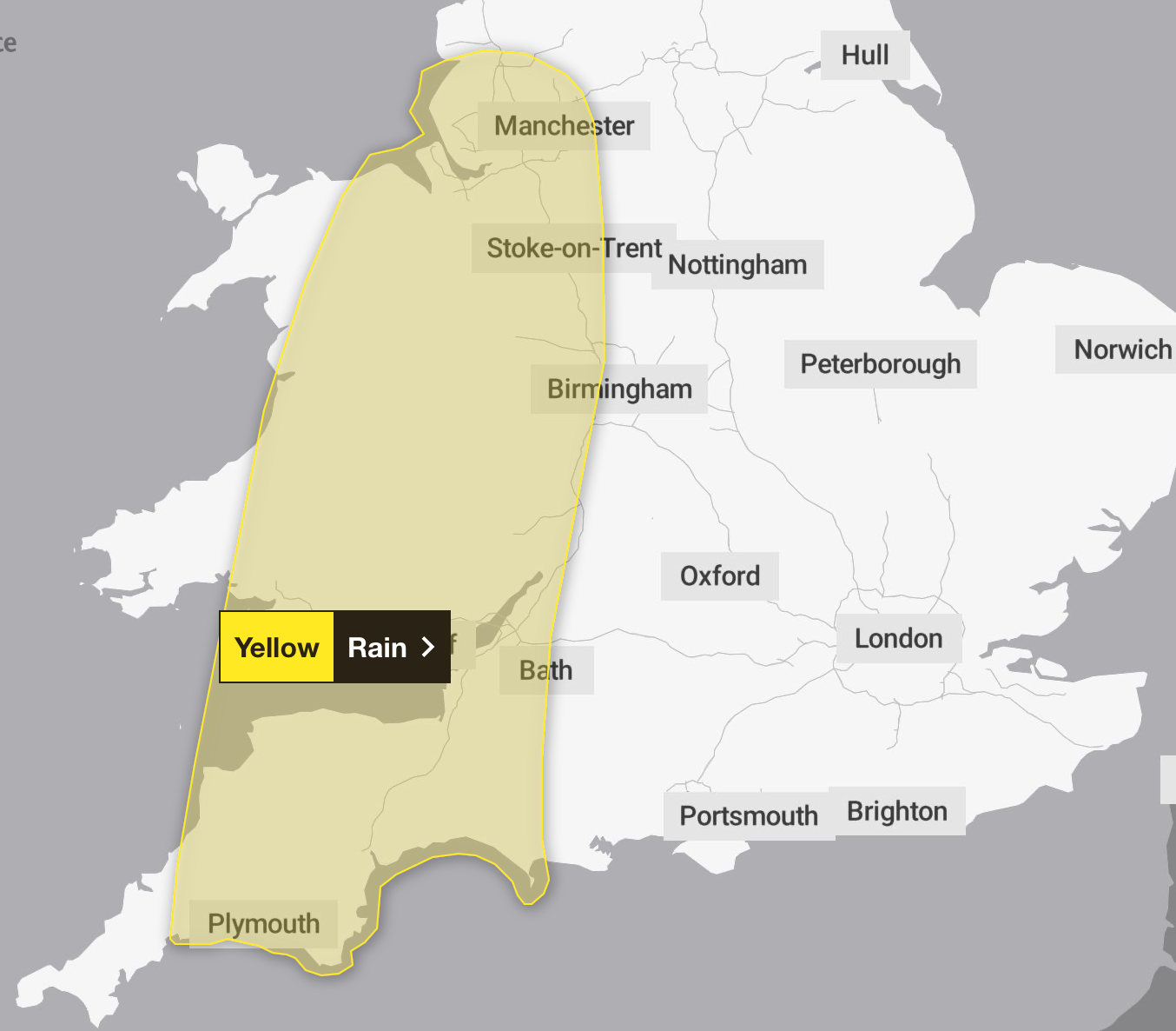 The yellow weather warnings cover areas in North West England, South West England, Wales and the West Midlands