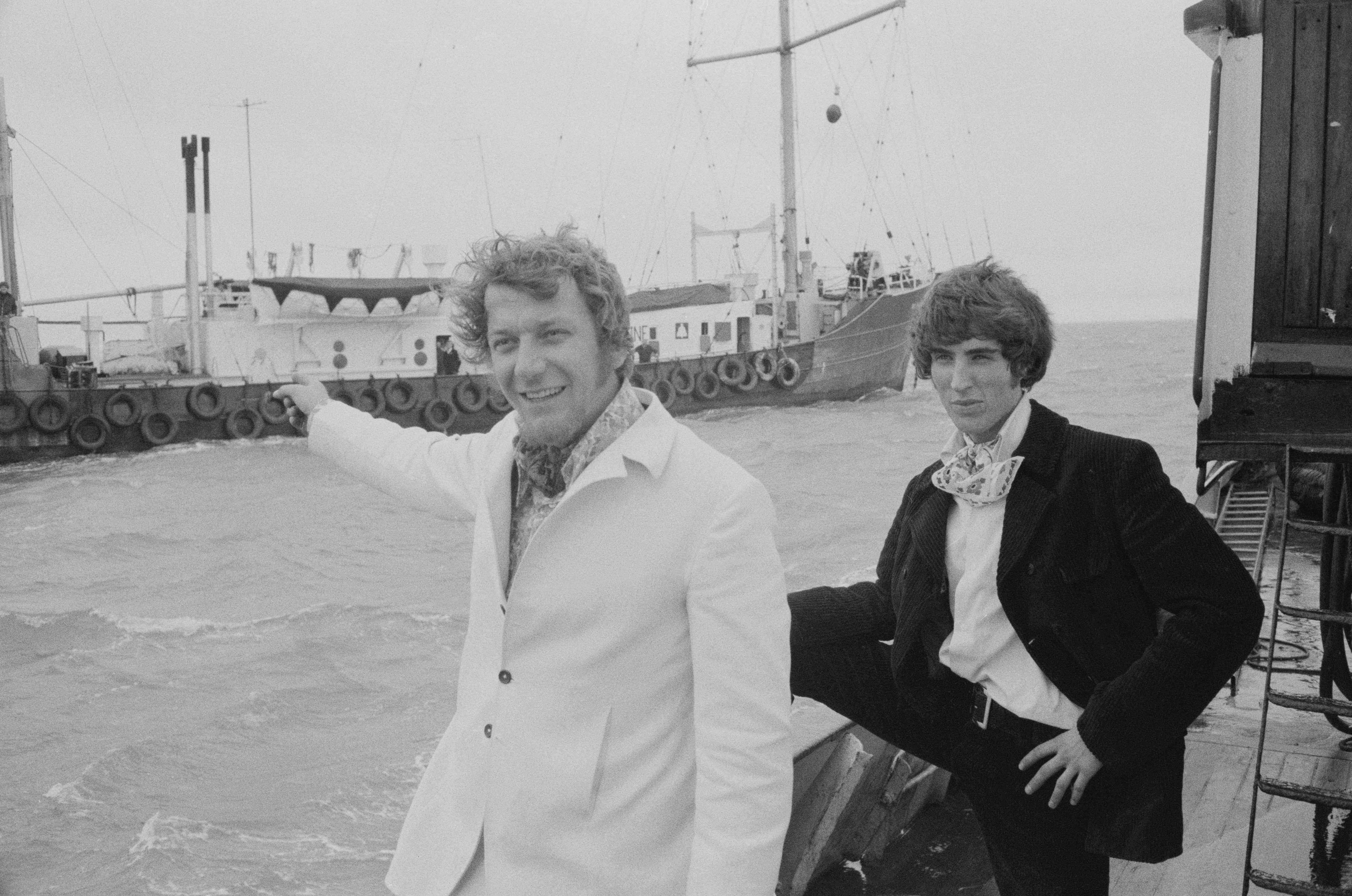 Johnnie Walker arriving in Felixstowe with his Radio Caroline colleague Robbie Dale on 15 August 1967