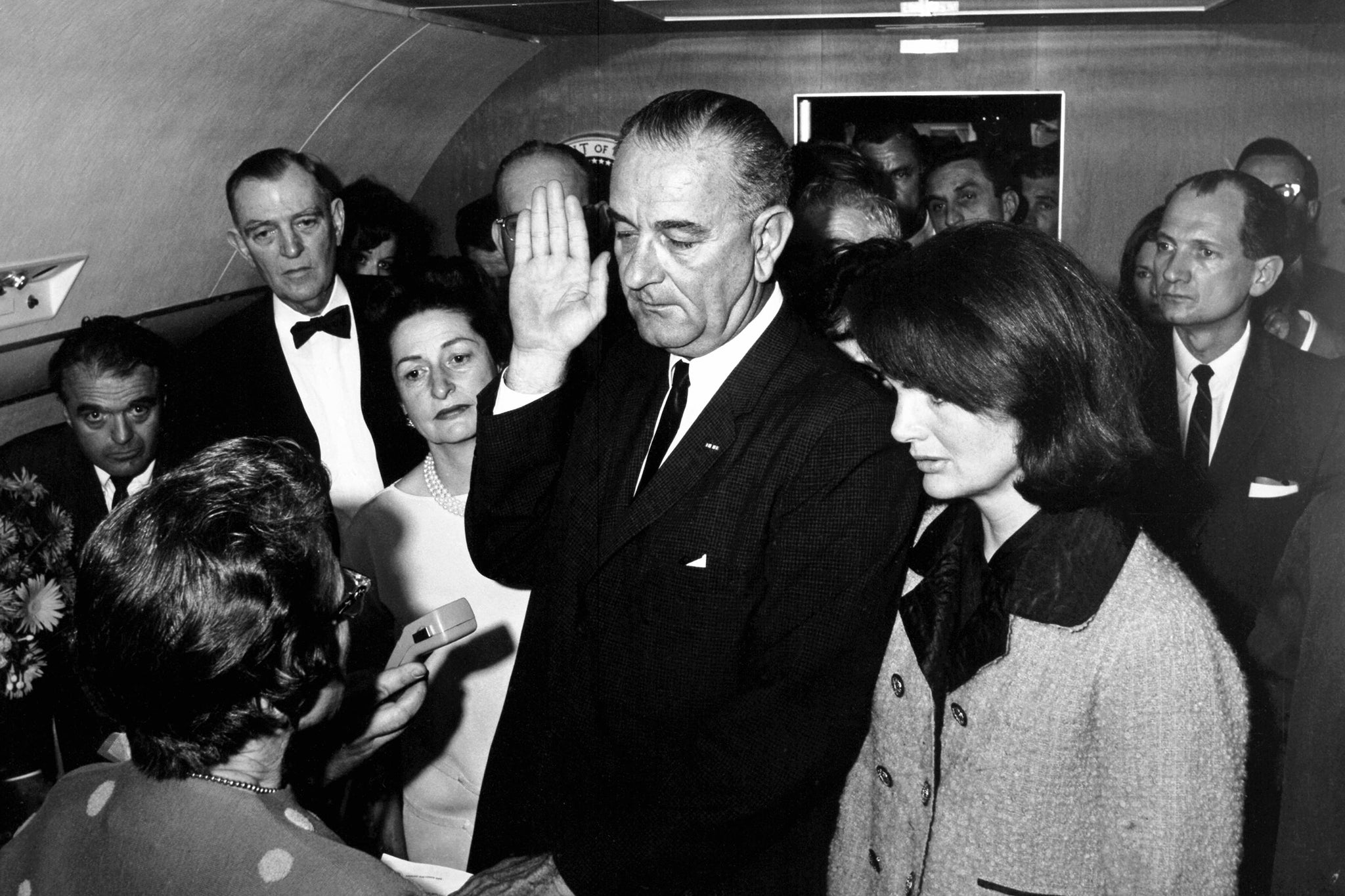 Jackie Kennedy Onassis wore a blood-stained suit to vice president Lyndon B. Johnson’s swearing-in ceremony