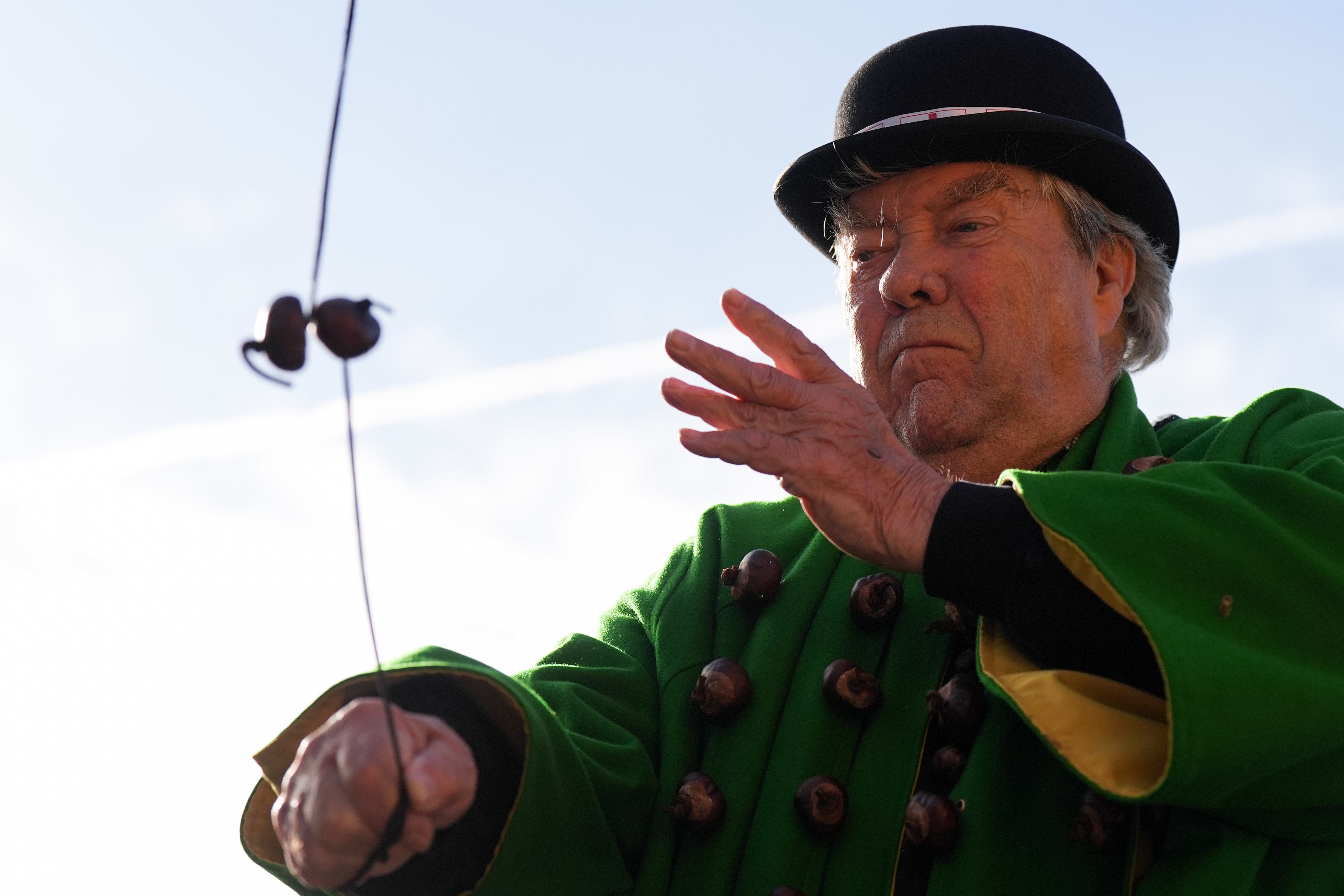 King Conker David Jakins takes part in the annual World Conker Championships at the Shuckburgh Arms in Southwick, Peterborough (PA)