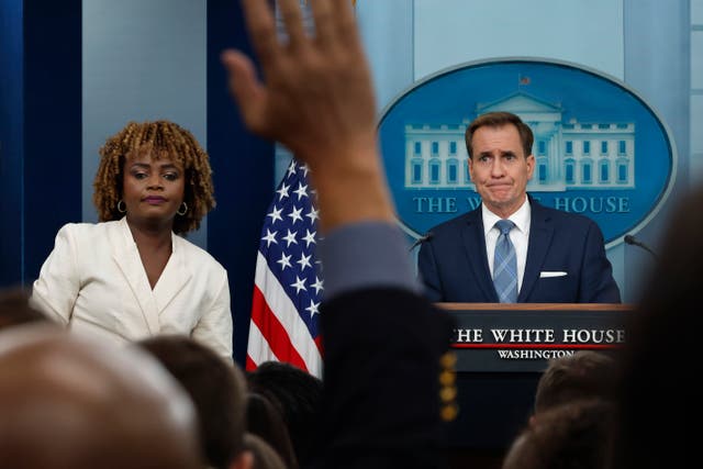 <p>White House National Security Communications Adviser John Kirby (R) and White House Press Secretary Karine Jean-Pierre talk to reporters in the Brady Press Briefing Room at the White House on September 18, 2024 in Washington, DC</p>