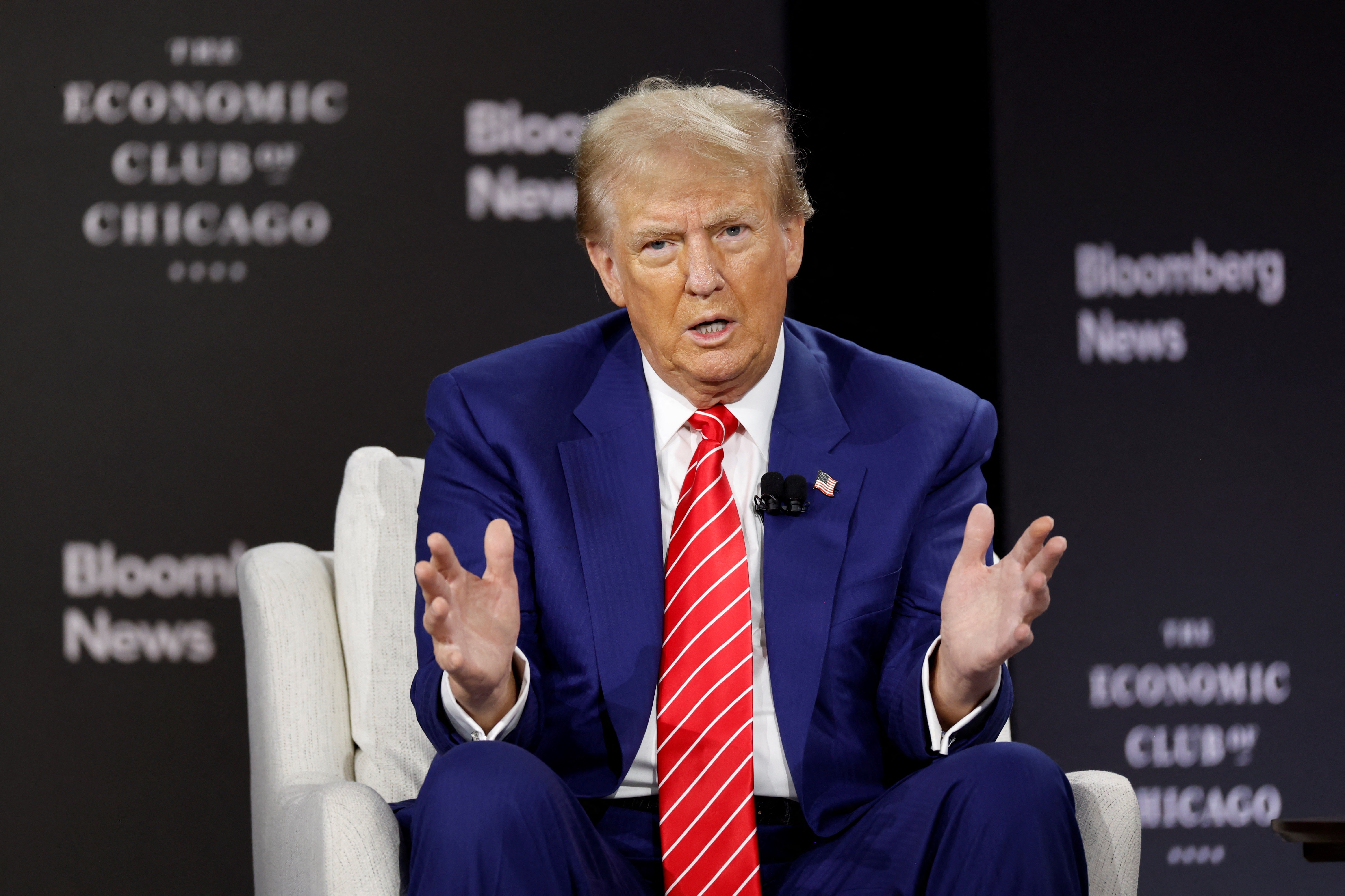 Donald Trump speaks during an interview with Bloomberg Editor-in-Chief John Micklethwait at the Economic Club of Chicago, in Chicago, Illinois, on October 15, 2024. Trump emphasized former President Barack Obama’s middle name during the interview