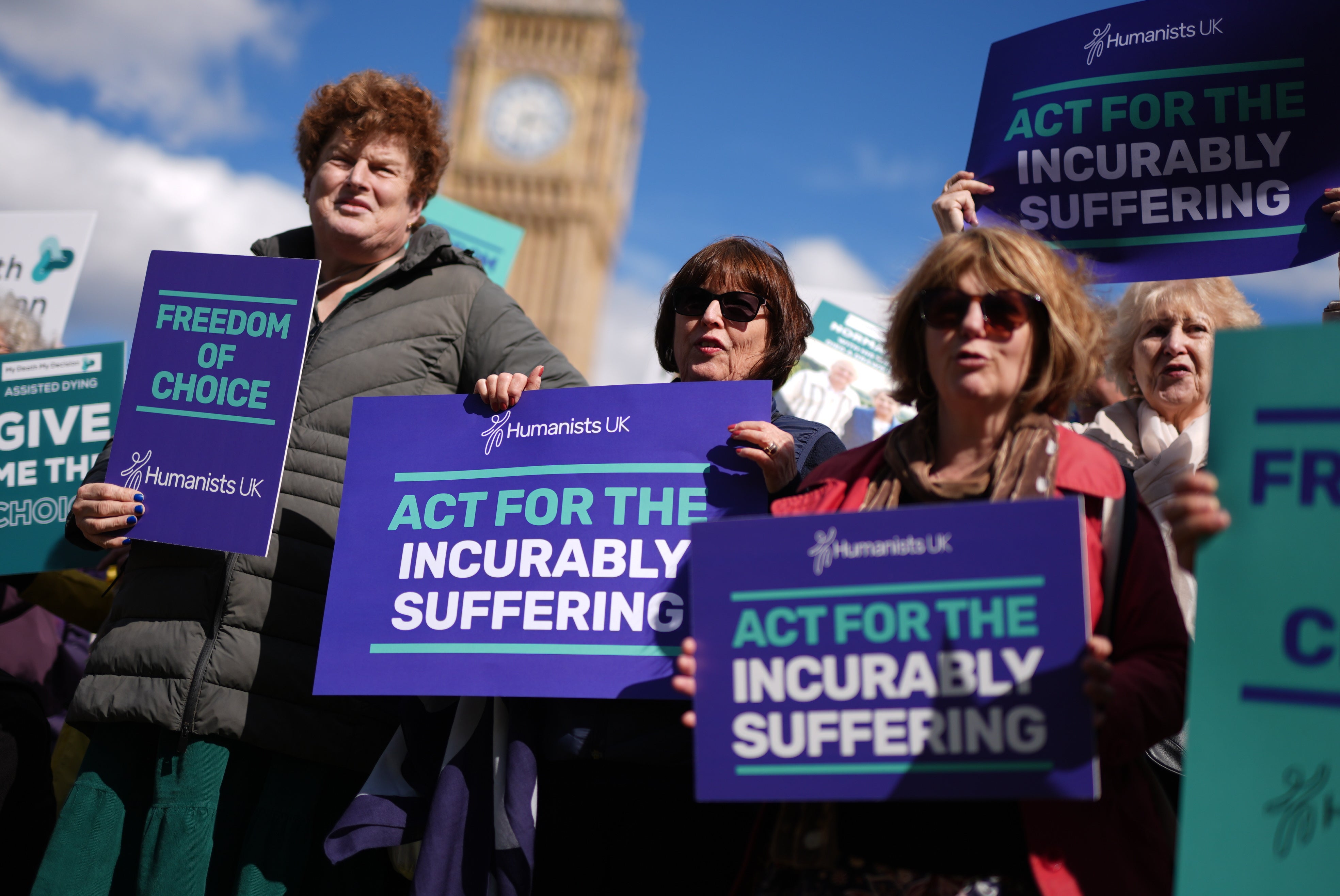 Campaigners in support of voluntary euthanasia protest outside Parliament in Westminster, London, ahead of a debate in the House of Commons on assisted dying.