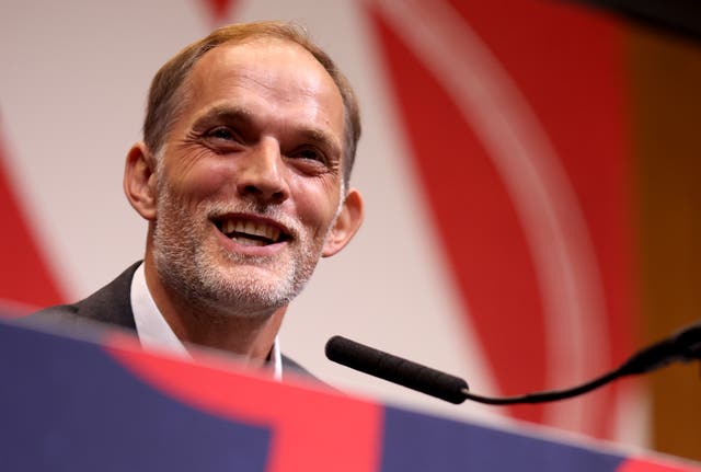 <p>Thomas Tuchel speaks to the media at Wembley Stadium</p>