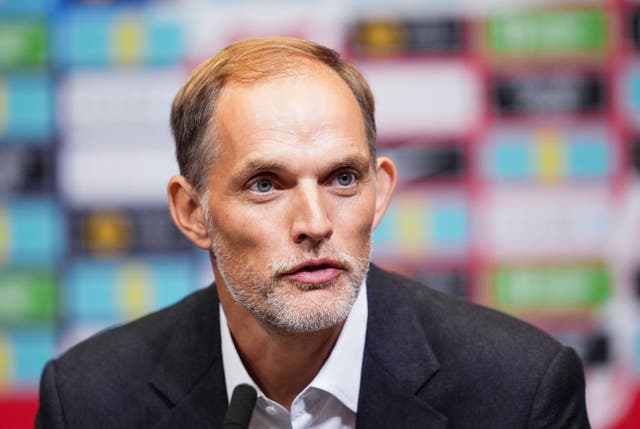 <p>Thomas Tuchel speaks to the media at Wembley Stadium</p>