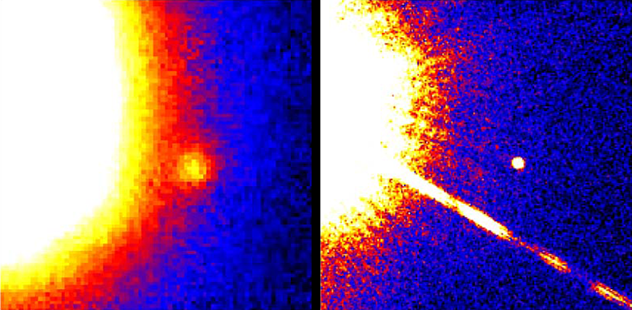 These two false-color telescope images reveal the first unambiguous detection of the brown dwarf, Gliese 229B. Sometimes called a ‘failed star,’ the brown dwarf was initially believed to be 70 times the mass of Jupiter