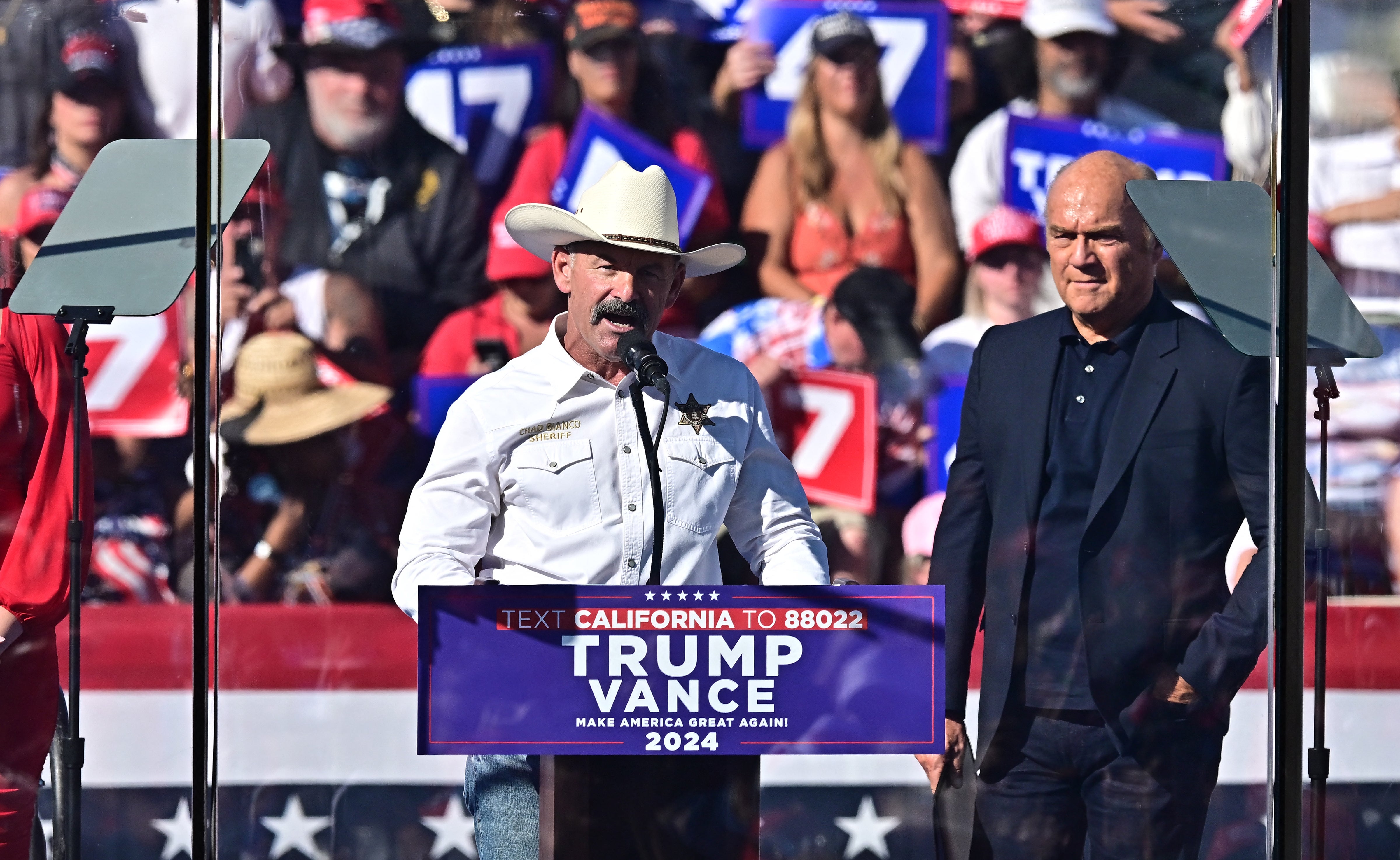 Vem Miller claims Riverside County Sheriff Chad Bianco, seen here at the October 12, 2024 campaign rally where Miller was arrested, intentionally badmouthed him to make himself look like a hero