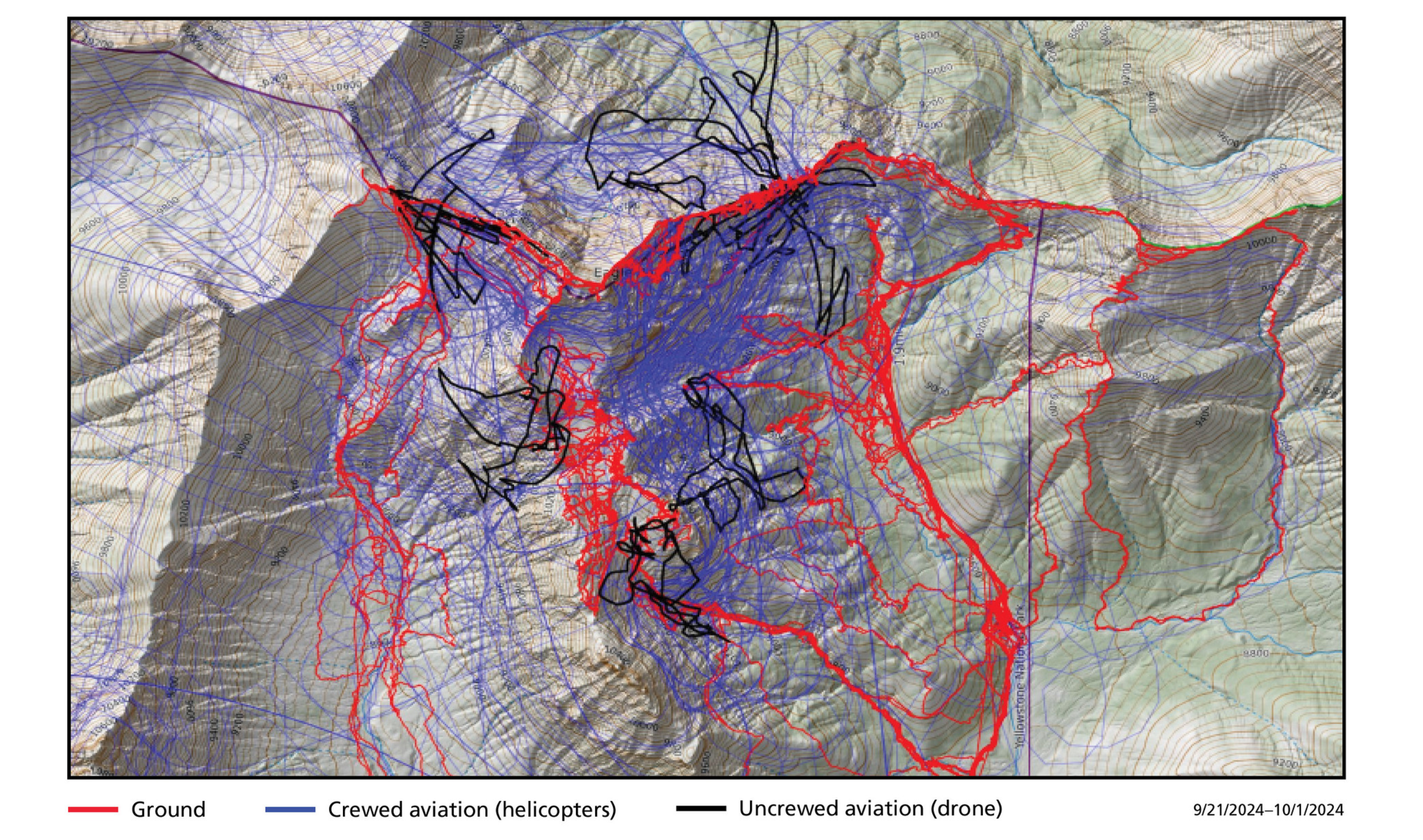 Air and ground search efforts mapped near Eagle Peak from September 21 to 30