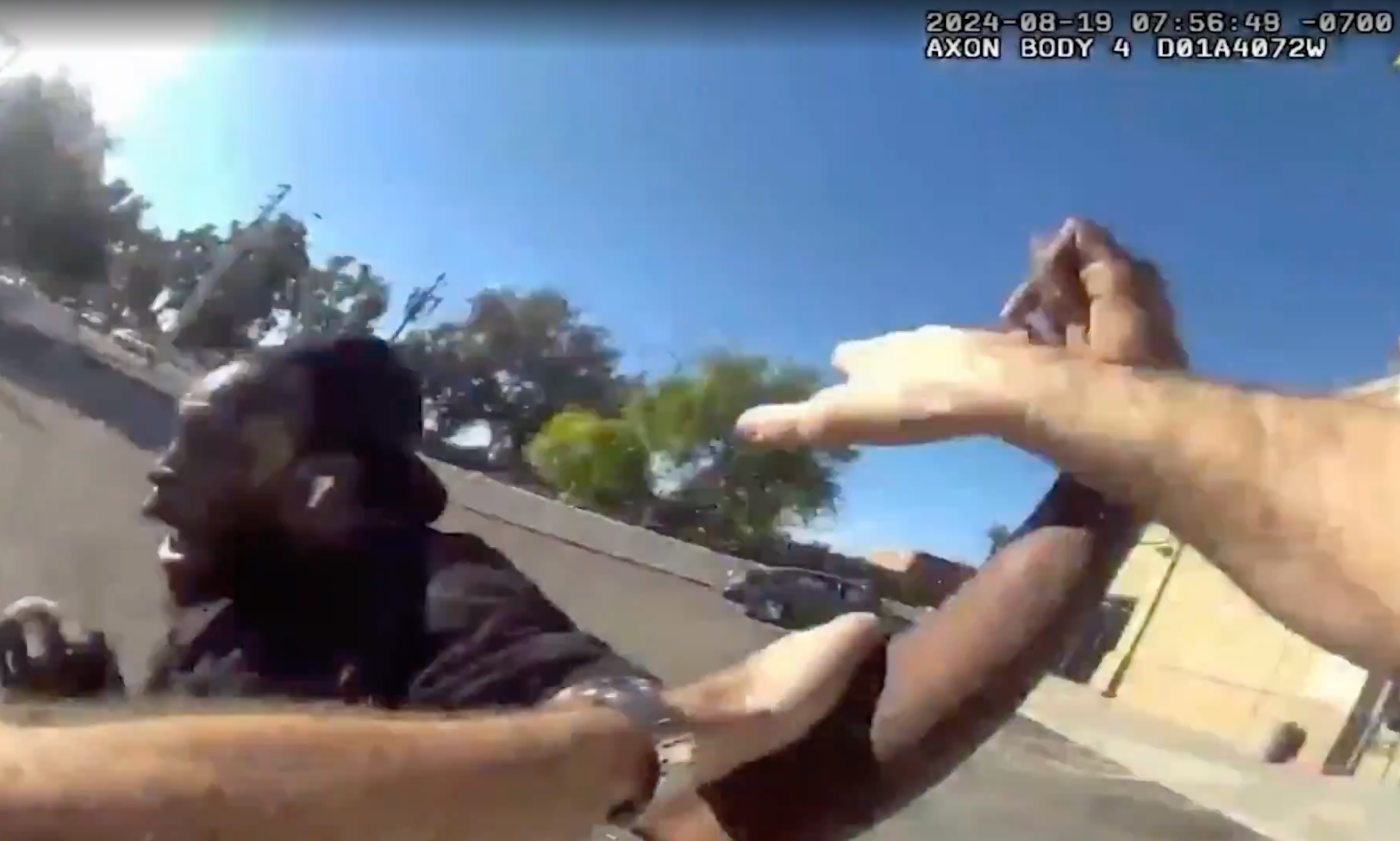 A police officer is seen grabbing Tyron McAlpin just seconds after he told him to stop