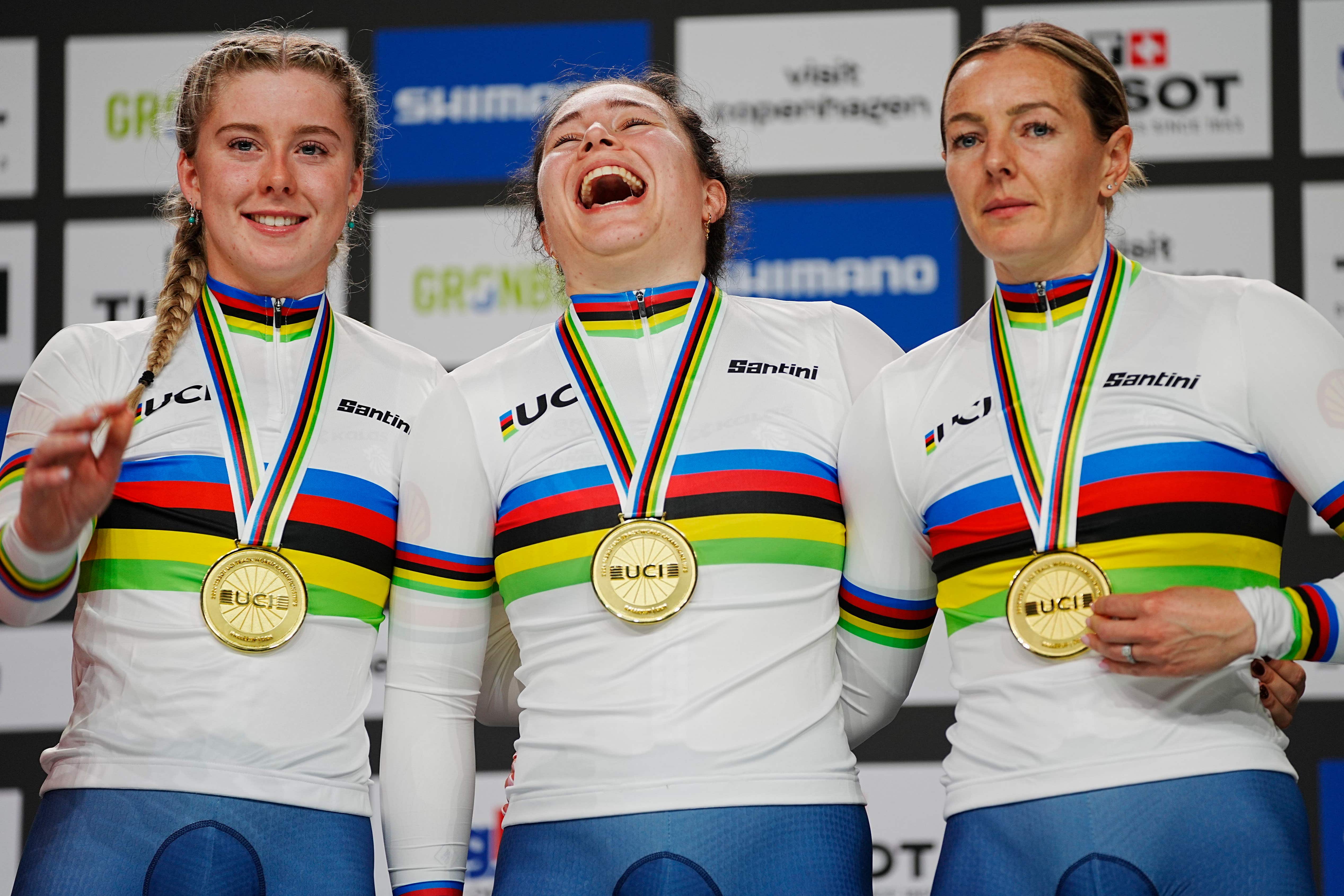 Emma Finucane, left, Sophie Capewell, centre, and Katy Marchant with their gold medals (Thomas Traasdahl/Ritzau Scanpix via AP)