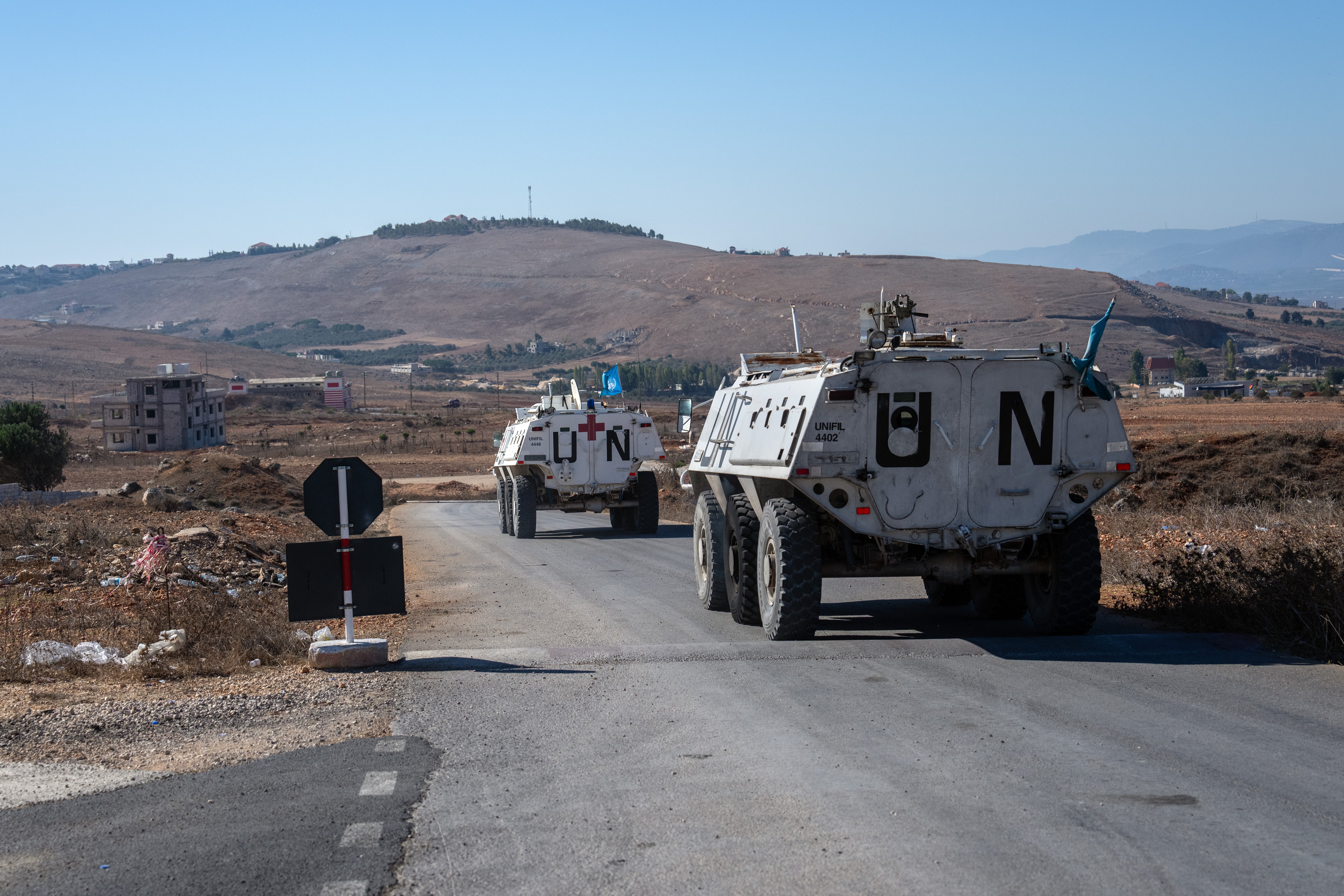 Unifil (United Nations Interim Force In Lebanon) armoured personnel carriers depart a base to patrol near the Lebanon- Israel border