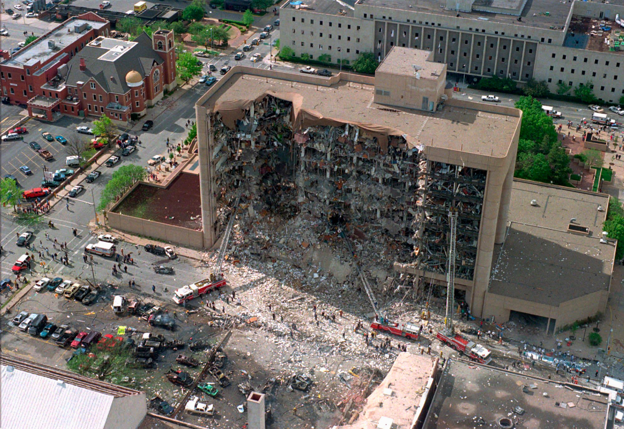 FILE - The north side of the Alfred P. Murrah Federal Building in Oklahoma City is seen April 19, 1995, after an explosion that killed 168 people and injured hundreds