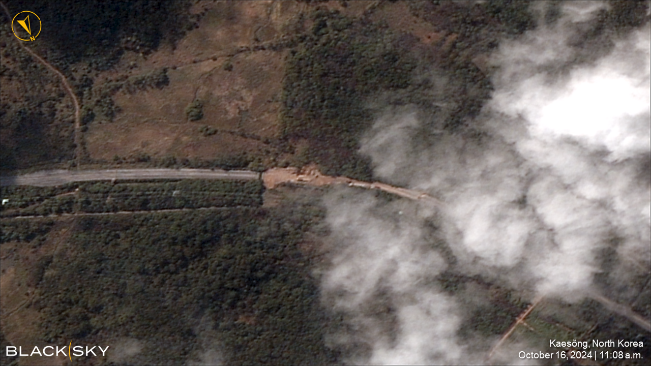 Satellite image captured on 16 October at 11.08 am local time showing damage to one of the roads on the Demilitarized Zone border of Kaesong, North Korea after roads blown up