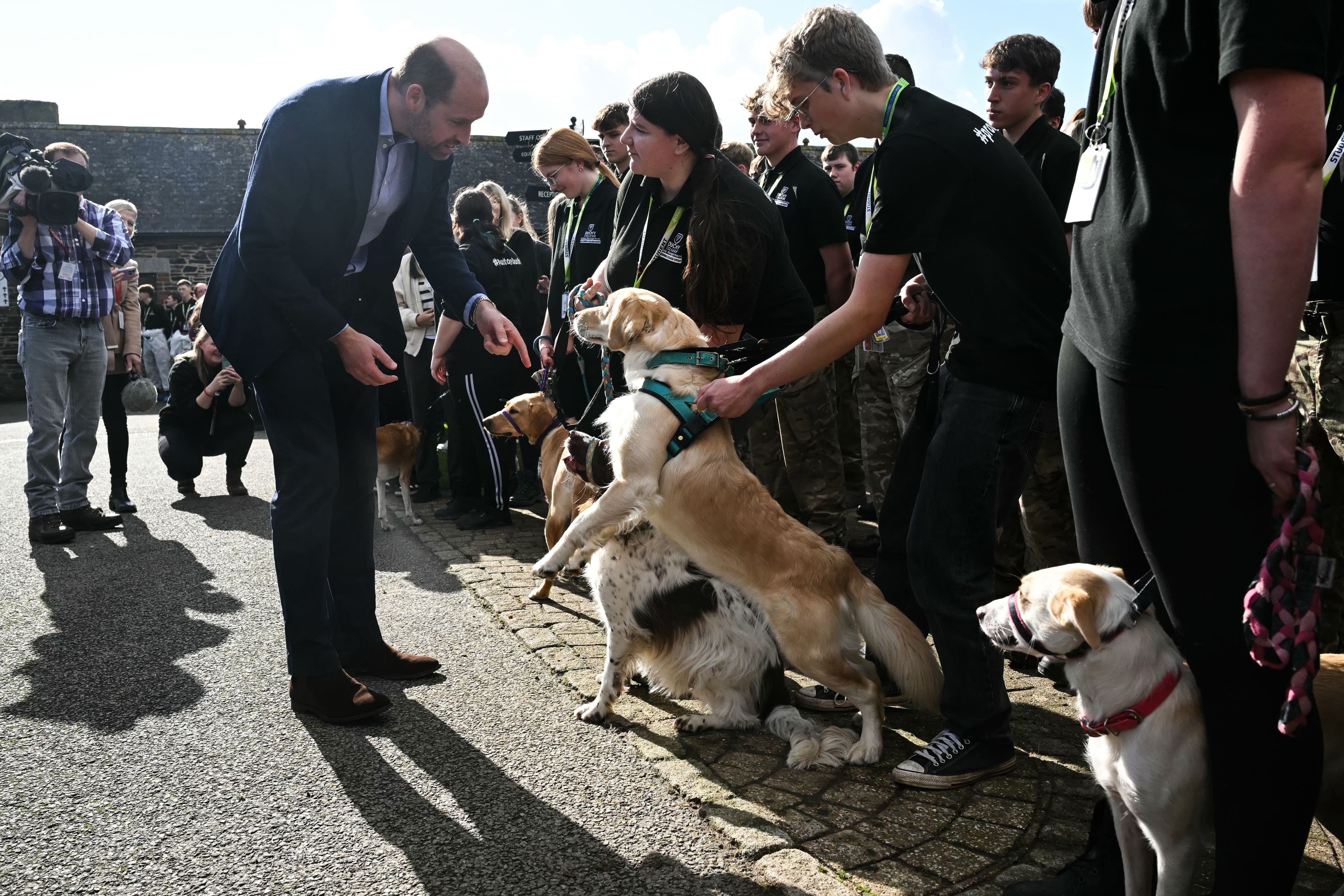 William met the dogs and their handlers on a visit to Duchy College in Callington, Cornwall (Justin Tallis/PA)