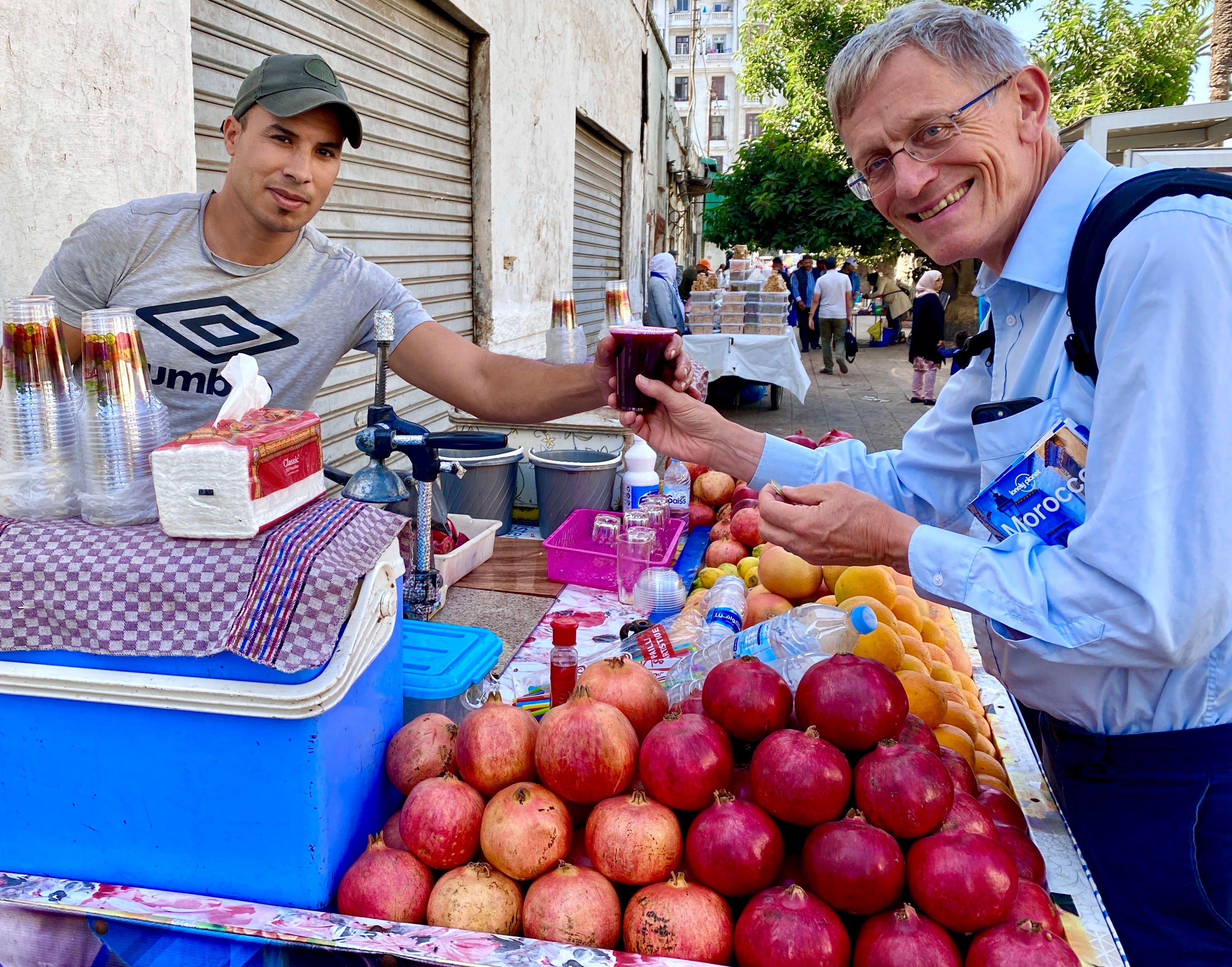 Our travel expert enjoys juice from a friendly Casablanca vendor